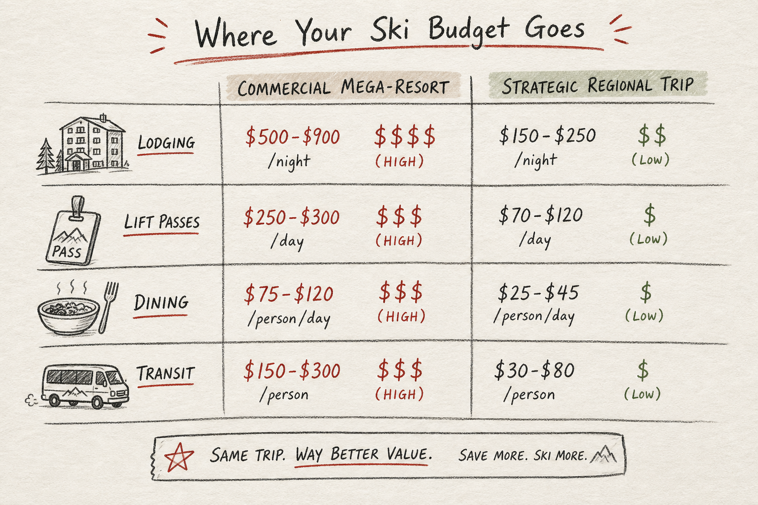 Infographic breakdown comparing luxury ski resort expenses against budget-optimized regional Swiss ski trip costs
