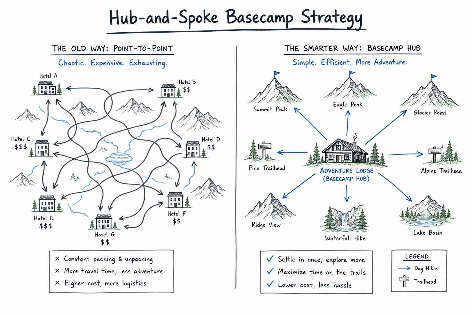 Diagram comparing chaotic point-to-point travel with an efficient central basecamp strategy for hiking.