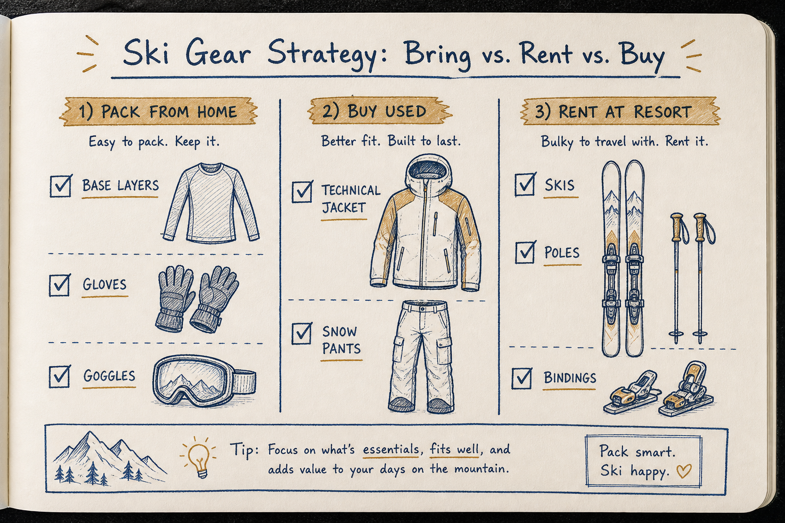Notebook sketch comparing which ski items to bring from home, buy used, or rent at the resort.