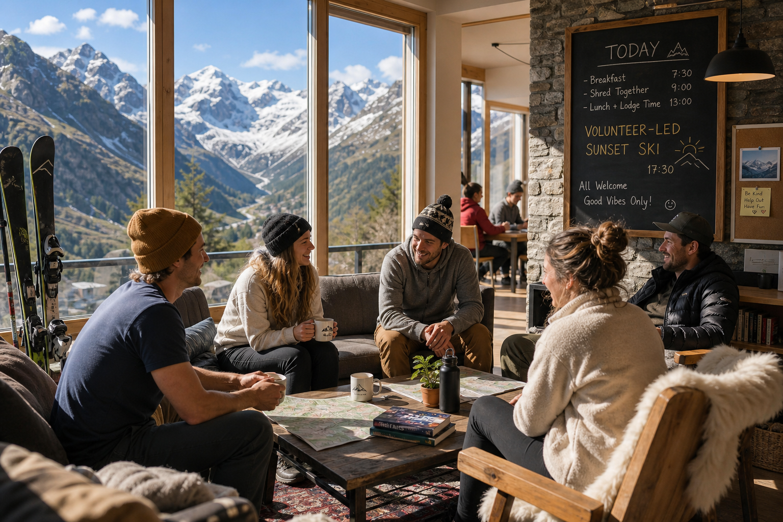 A cozy communal dining space in a Swiss Alps ski hostel with guests sharing a meal