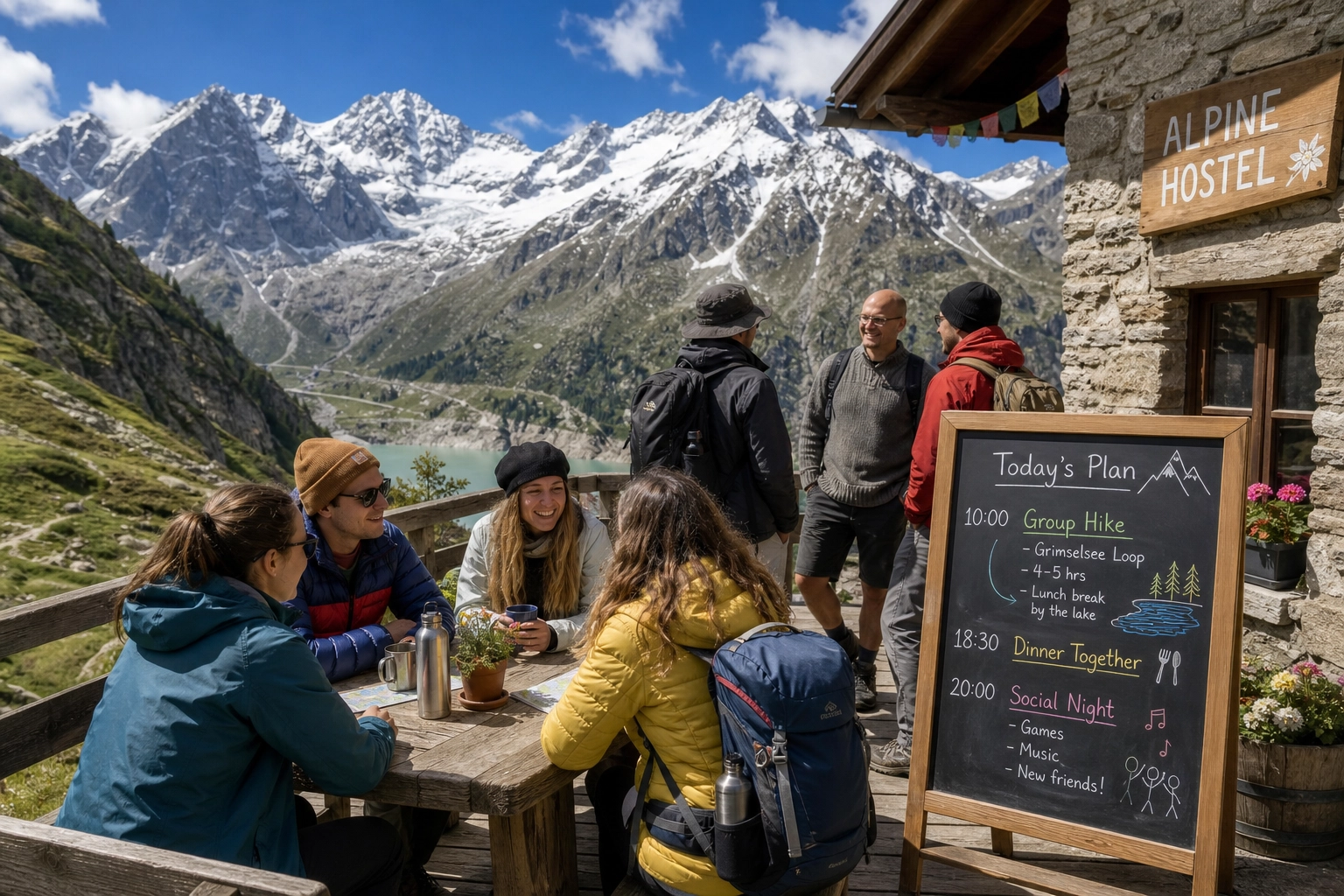 Hikers relaxing outside a cozy Swiss mountain hostel with sweeping views of snow-capped alpine peaks in the background.