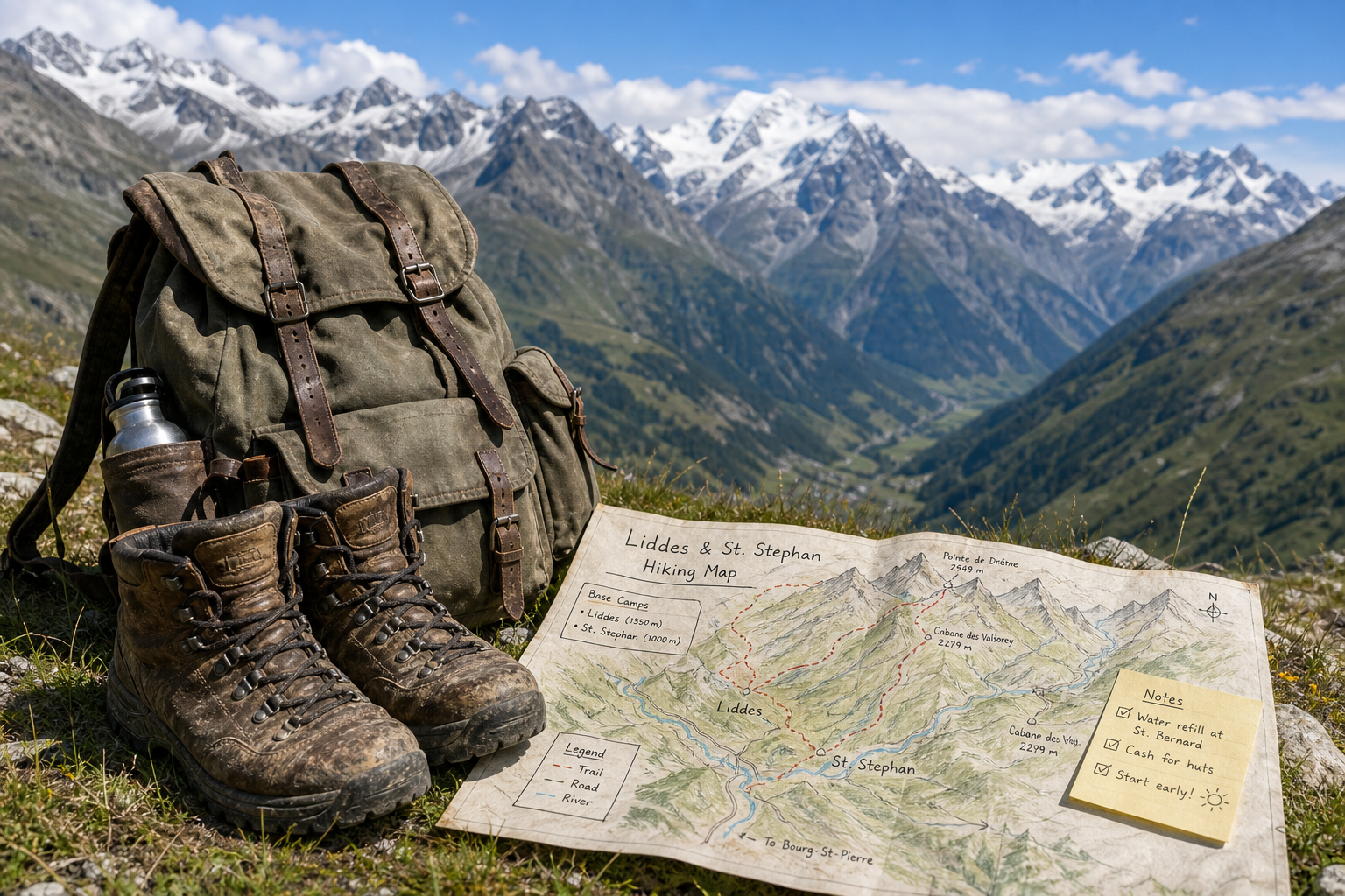 A backpacker looking at a trail map near a communal mountain lodge in the Swiss Alps.
