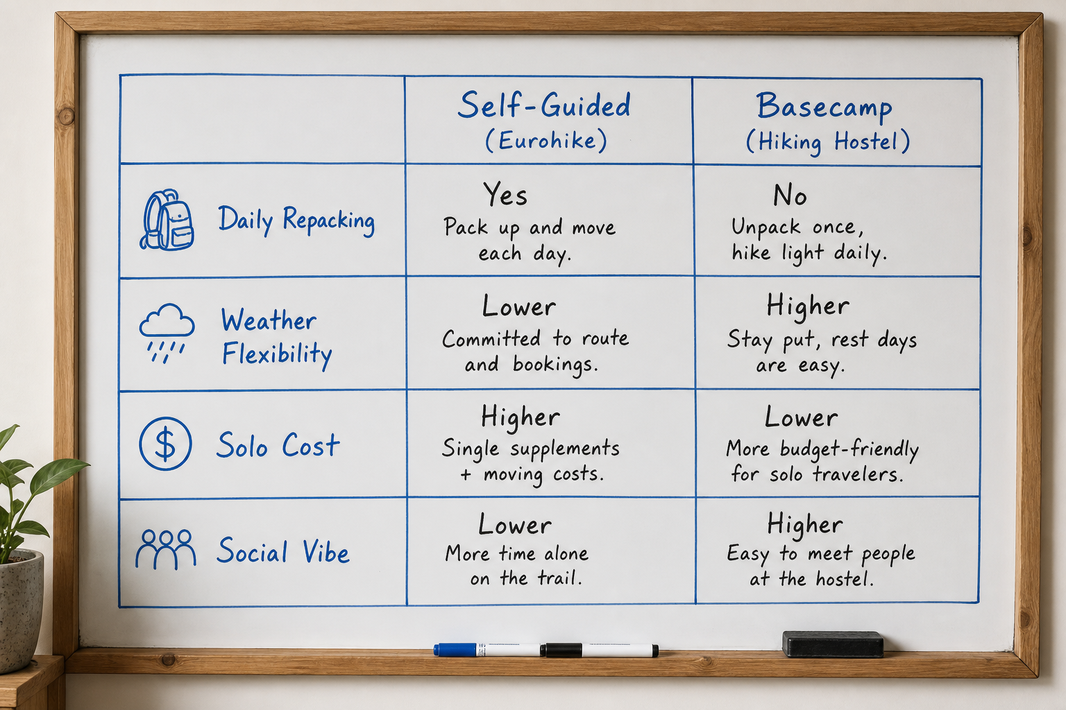 Comparison table outlining the differences between self-guided hiking tours and basecamp hostel trips.