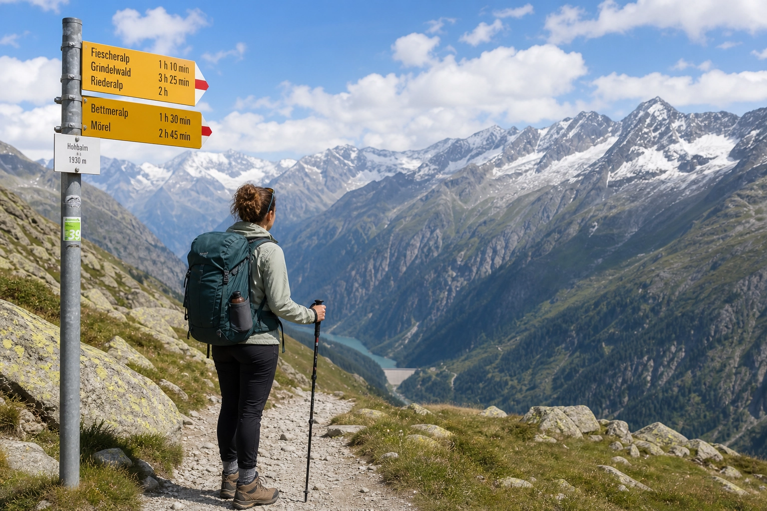 A solo hiker wearing a backpack standing on a yellow-marked safe hiking trail in the Swiss Alps surrounded by green valleys.