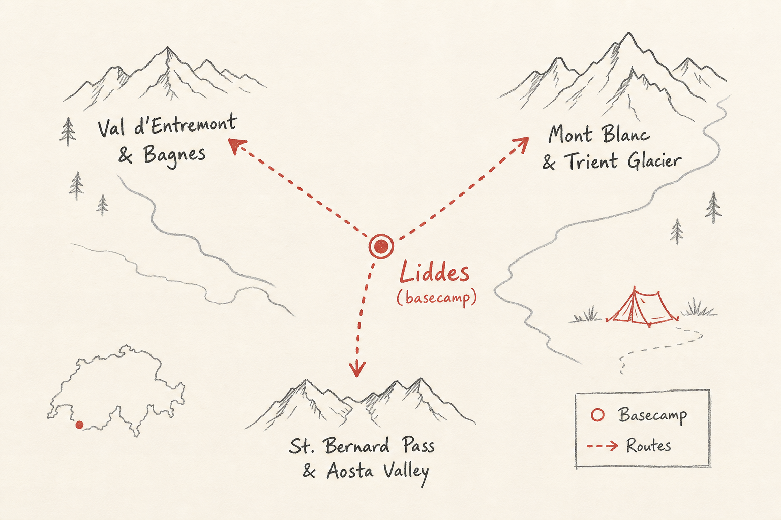 Excalidraw diagram mapping Liddes basecamp to nearby alpine hiking regions.