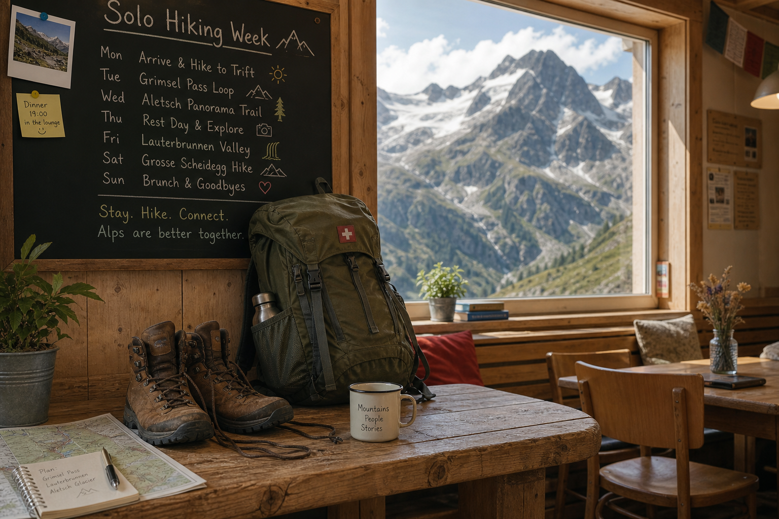 A solo backpacker standing outside a traditional wooden Swiss alpine hiking hostel with snow-capped mountains in the background