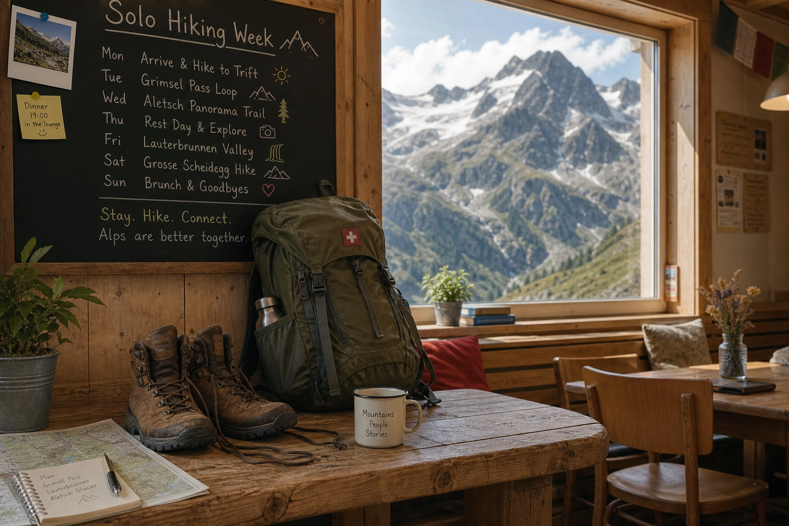 A solo backpacker standing outside a traditional wooden Swiss alpine hiking hostel with snow-capped mountains in the background