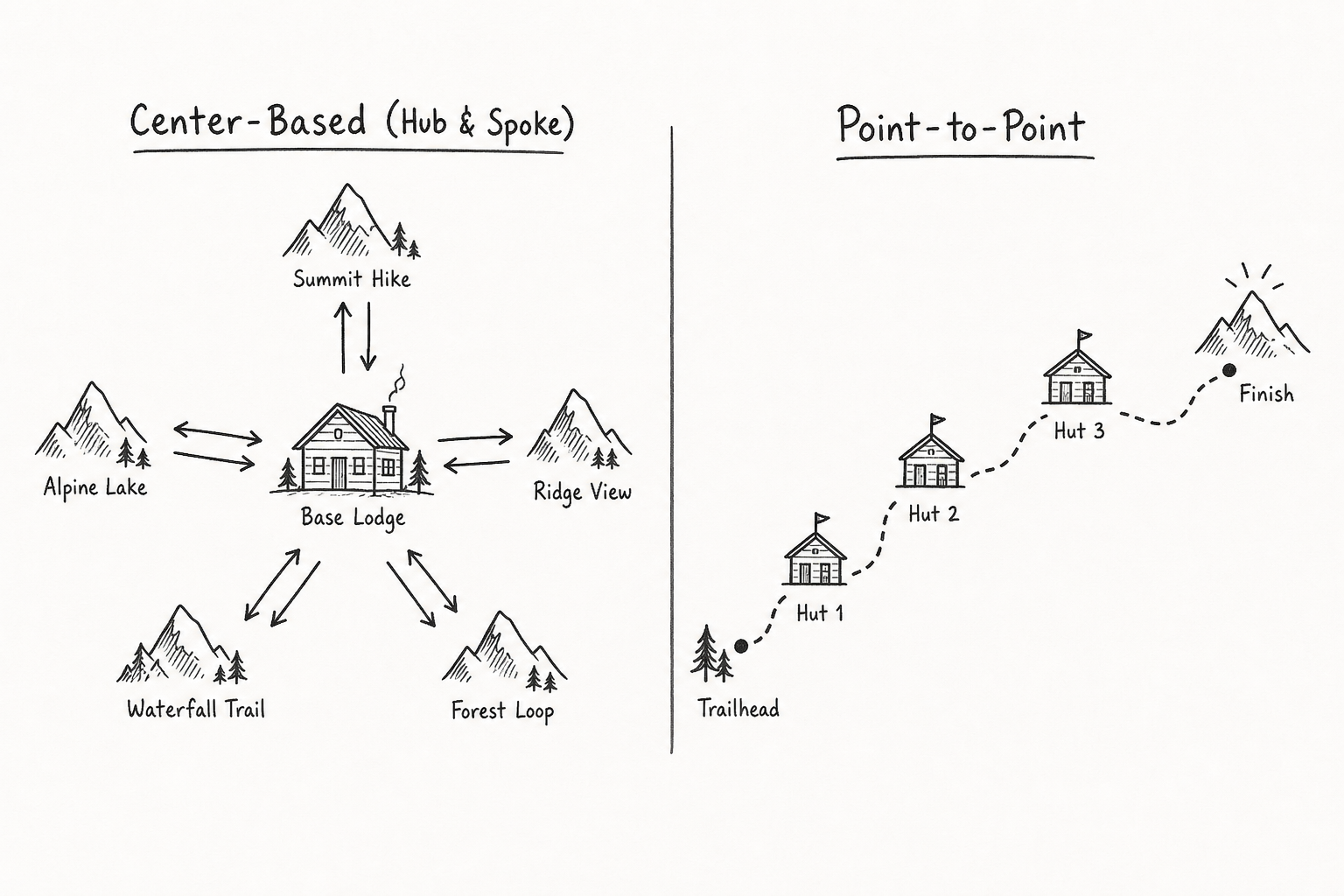 Diagram comparing center-based hub-and-spoke hiking to point-to-point trail hiking