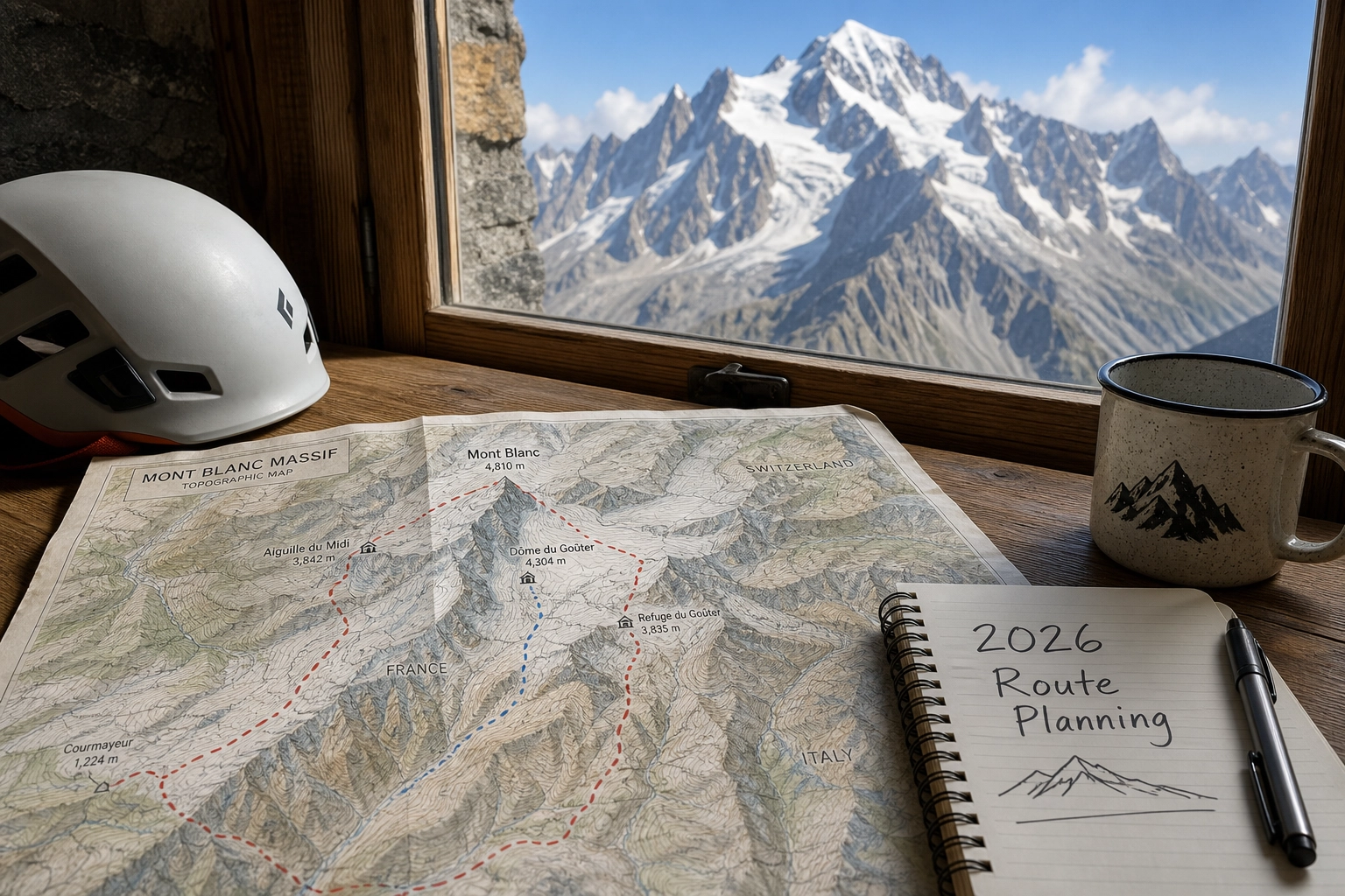 Solo climber looking toward the snow-capped summit of Mont Blanc on a clear summer day.