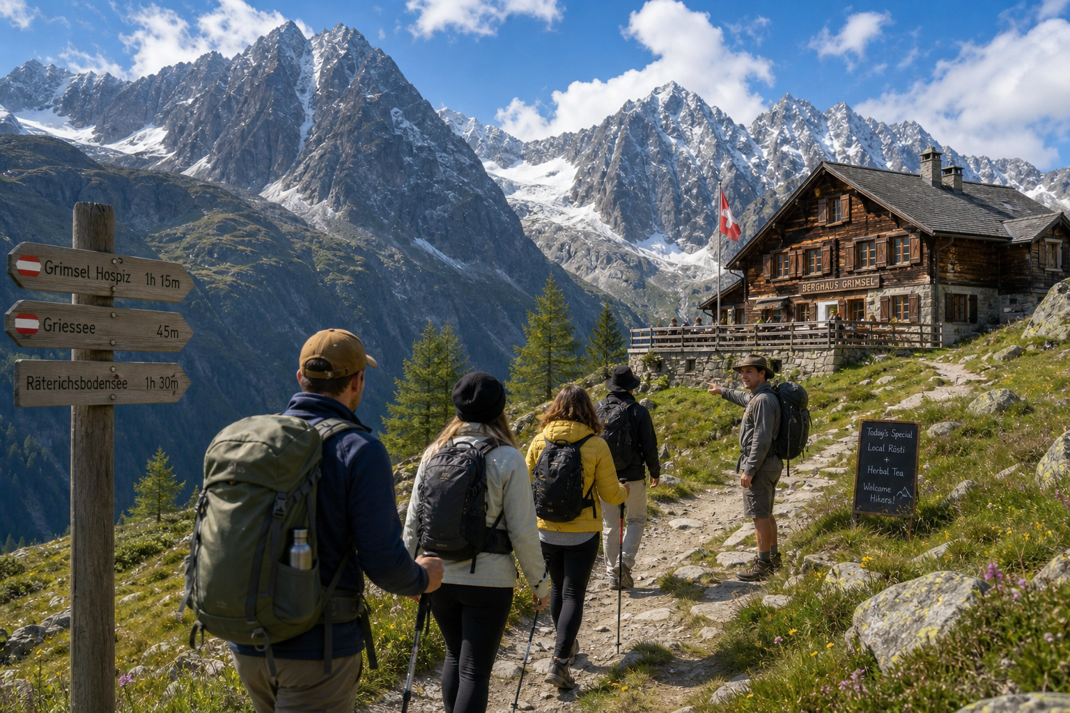 Hikers enjoying a scenic mountain trail in the Swiss Alps near a community lodge
