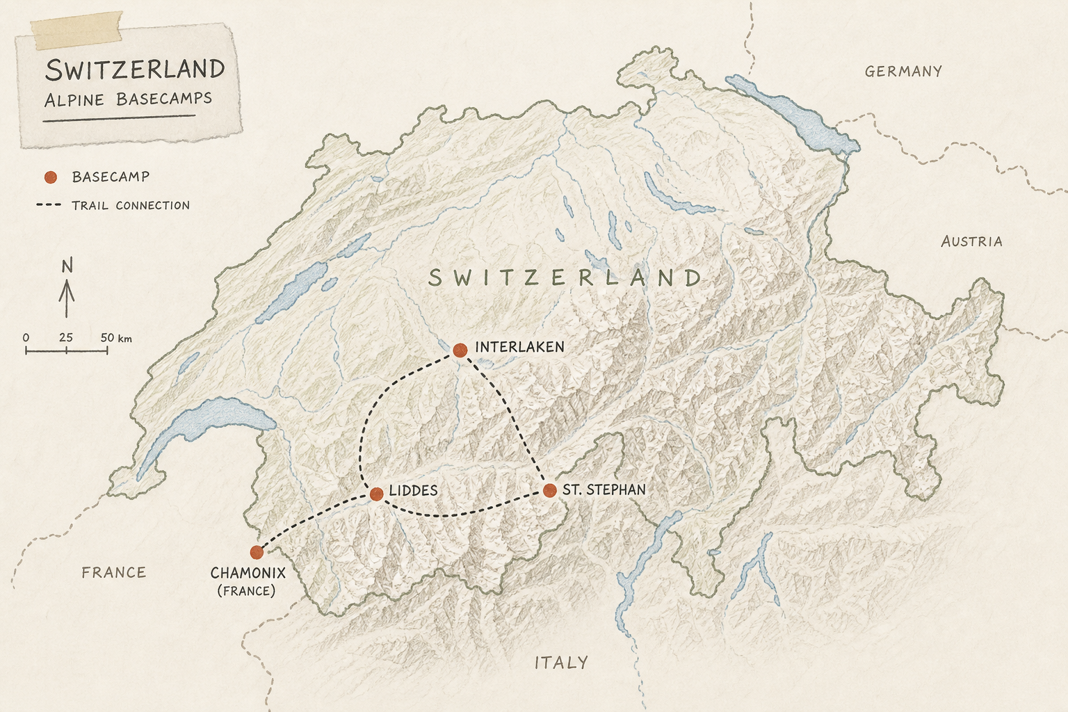 Map of Switzerland highlighting key hiking basecamp regions like Liddes, St. Stephan, and Interlaken