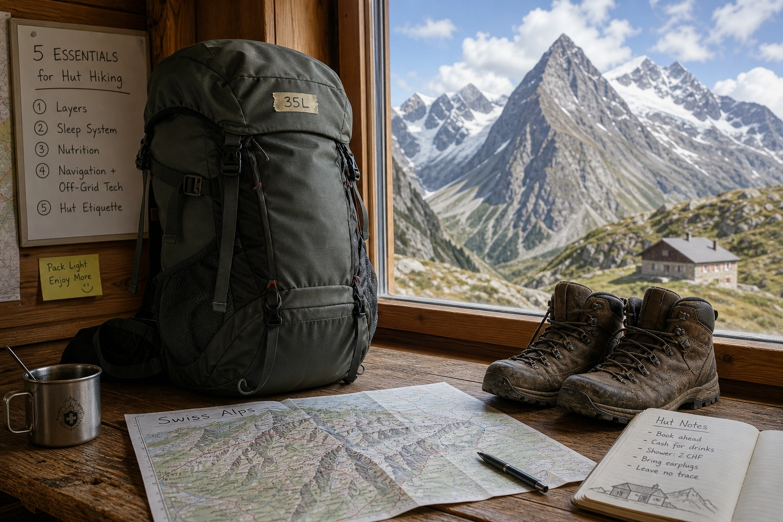 A hiker's fully packed 35L backpack resting on a wooden bench outside a Swiss Alpine hut