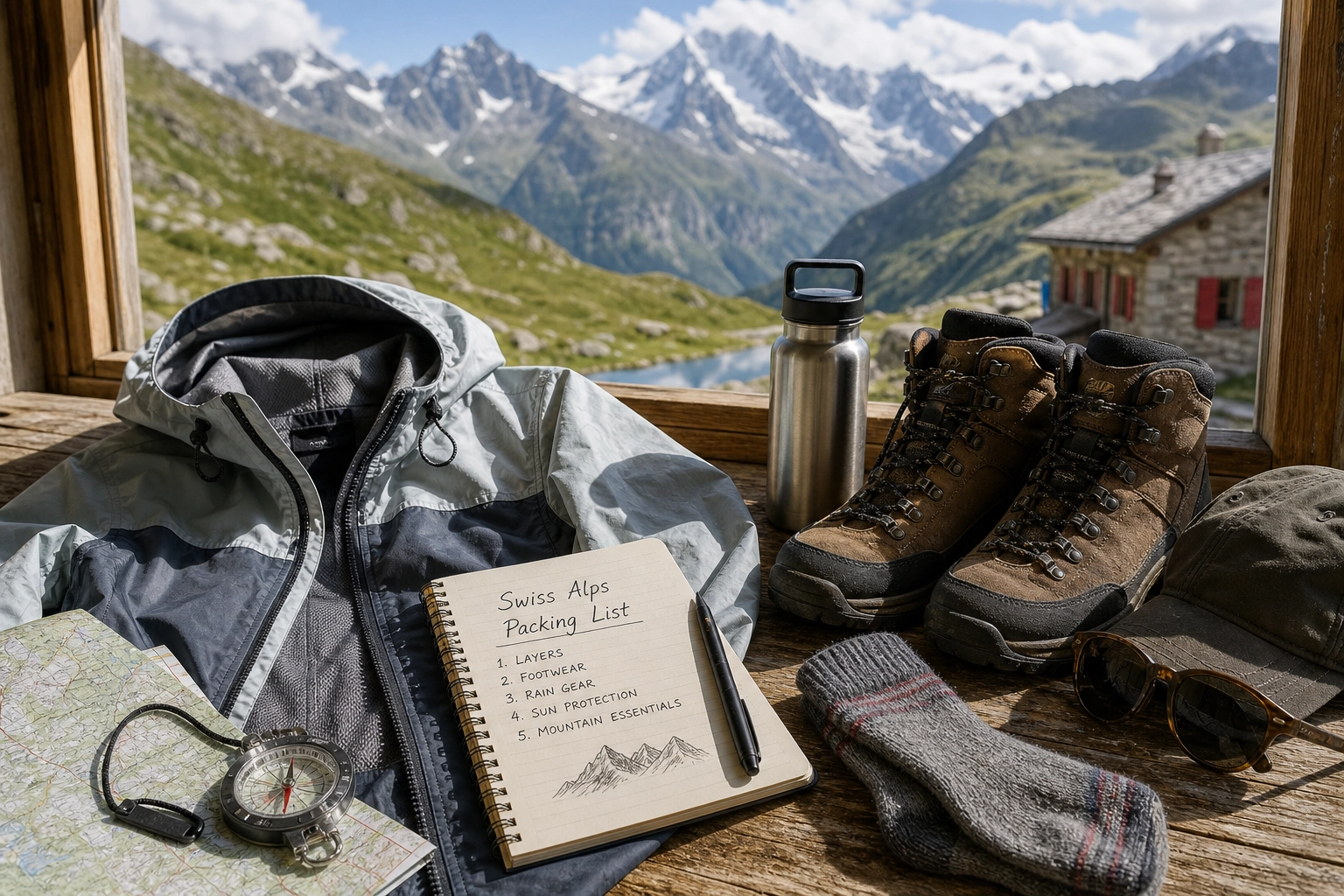 A neatly organized flat lay of a summer alpine packing list, featuring a daypack, hiking boots, layered clothing, and a map of the Swiss Alps.