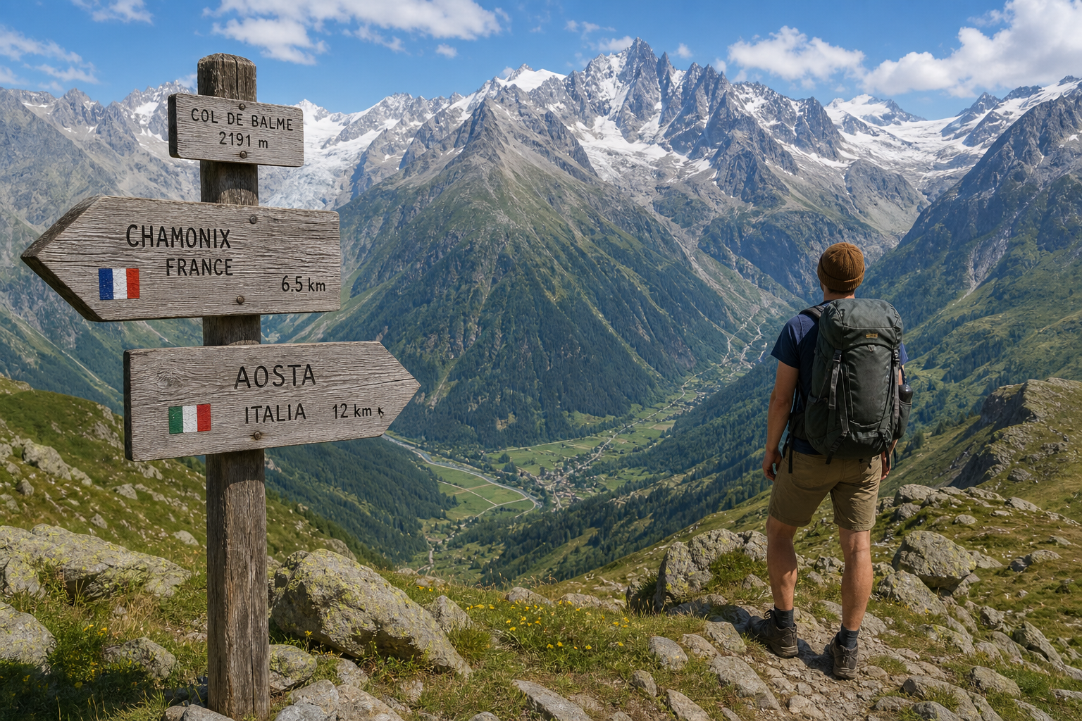A backpacker looking at a trail signpost in the Swiss Alps, with dramatic mountain peaks in the background.