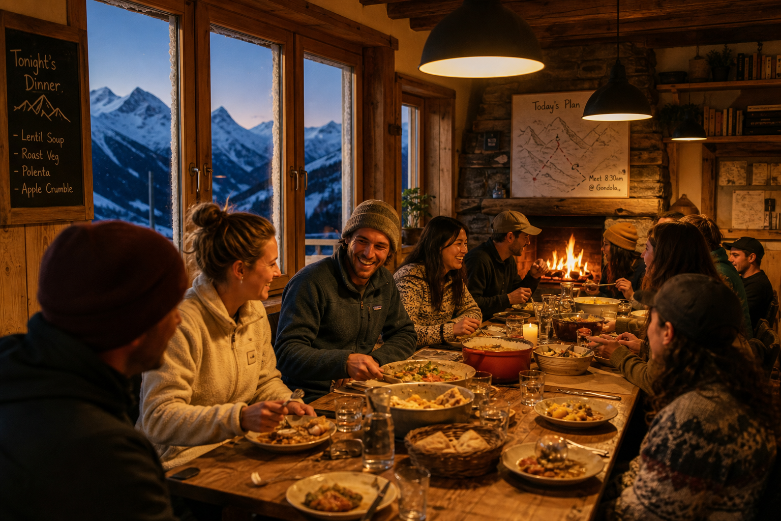 Travelers gathered around a communal dining table for dinner in a cozy Swiss ski hostel after a day on the slopes.