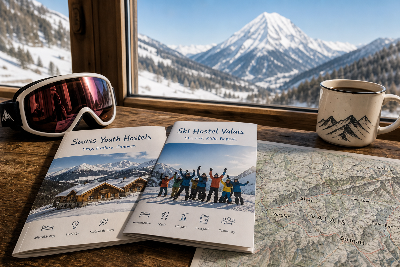 Skifahrer genießen vor einem alpinen Winter-Hostel im Wallis die Aussicht auf verschneite Berggipfel in der Schweiz.