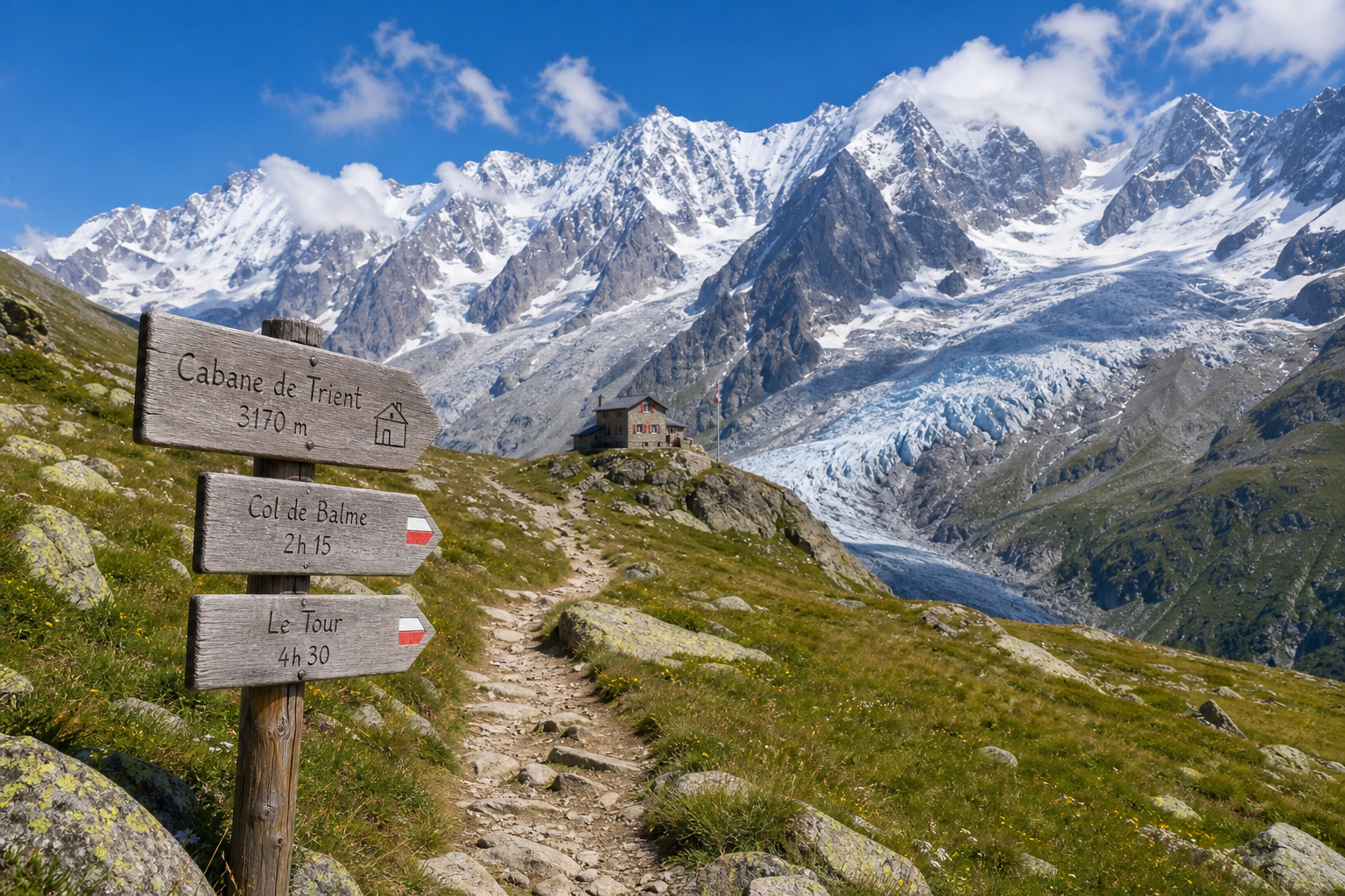 Hikers resting on a scenic grassy ridge overlooking the dramatic Mont Blanc massif in the Swiss Alps