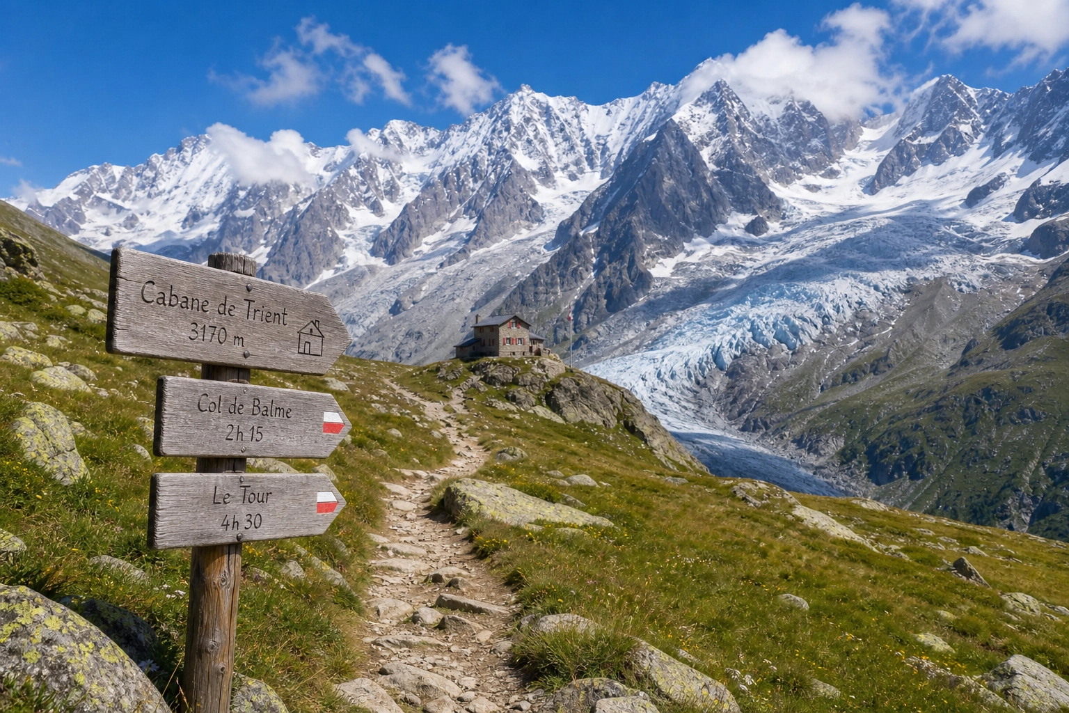 Hikers resting on a scenic grassy ridge overlooking the dramatic Mont Blanc massif in the Swiss Alps