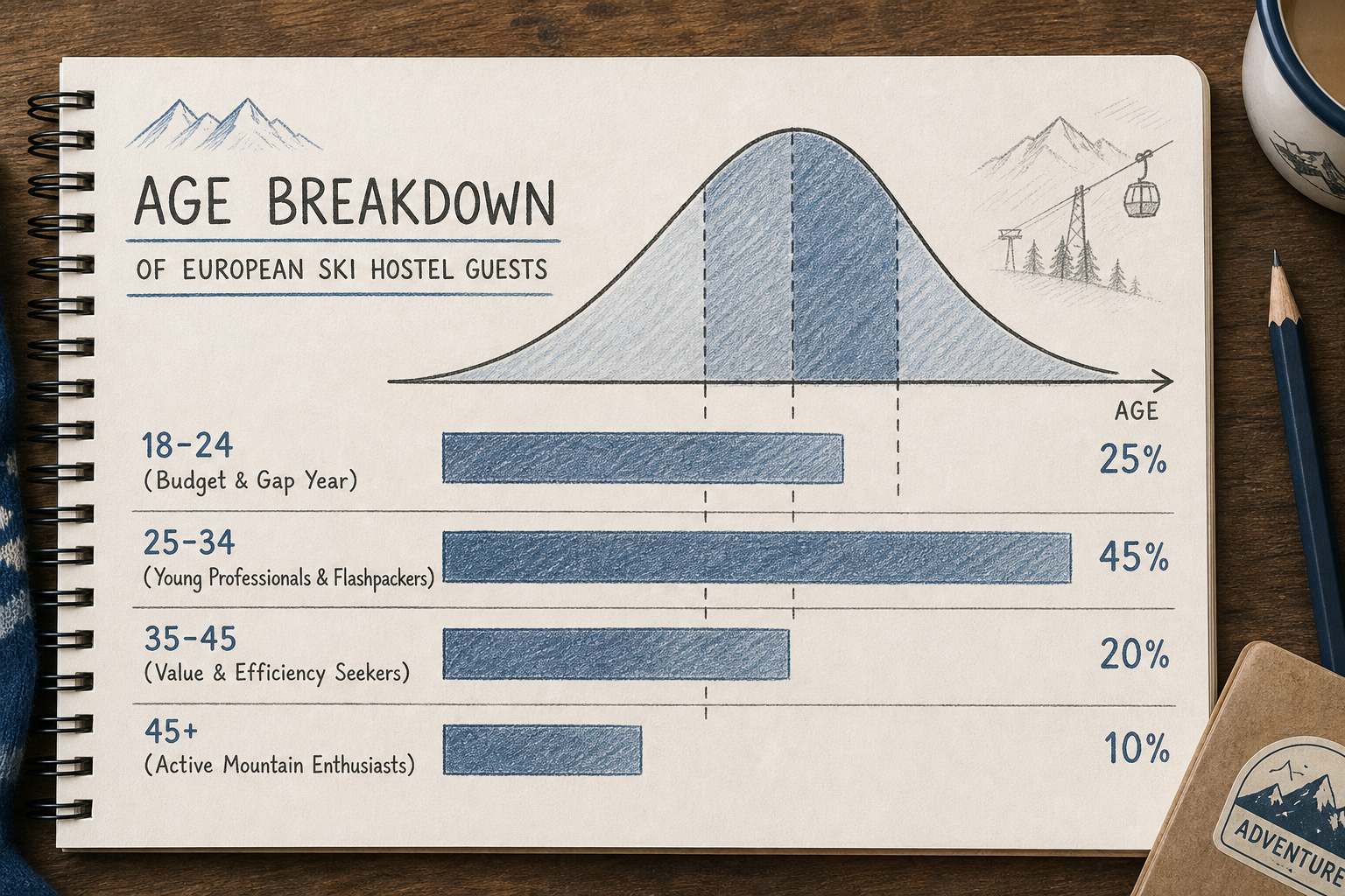Infographic breakdown of European ski hostel age demographics showing the 25 to 34 age bracket as the largest group