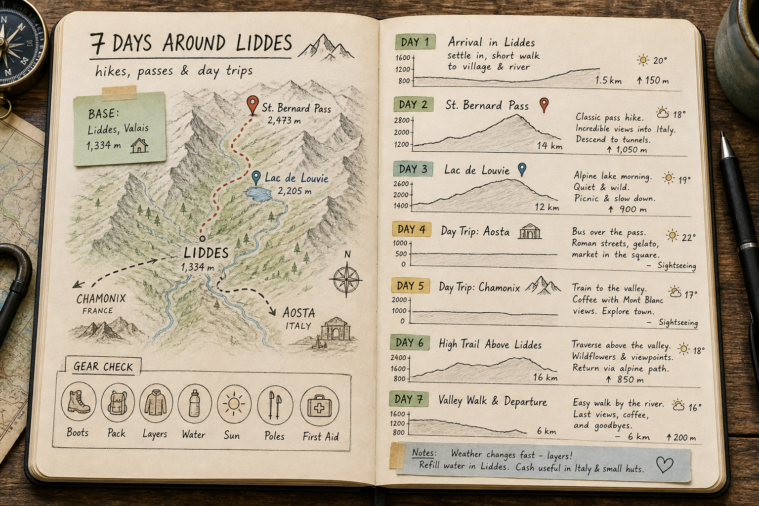 Illustrated field notebook showing a 7-day hiking itinerary around Liddes.