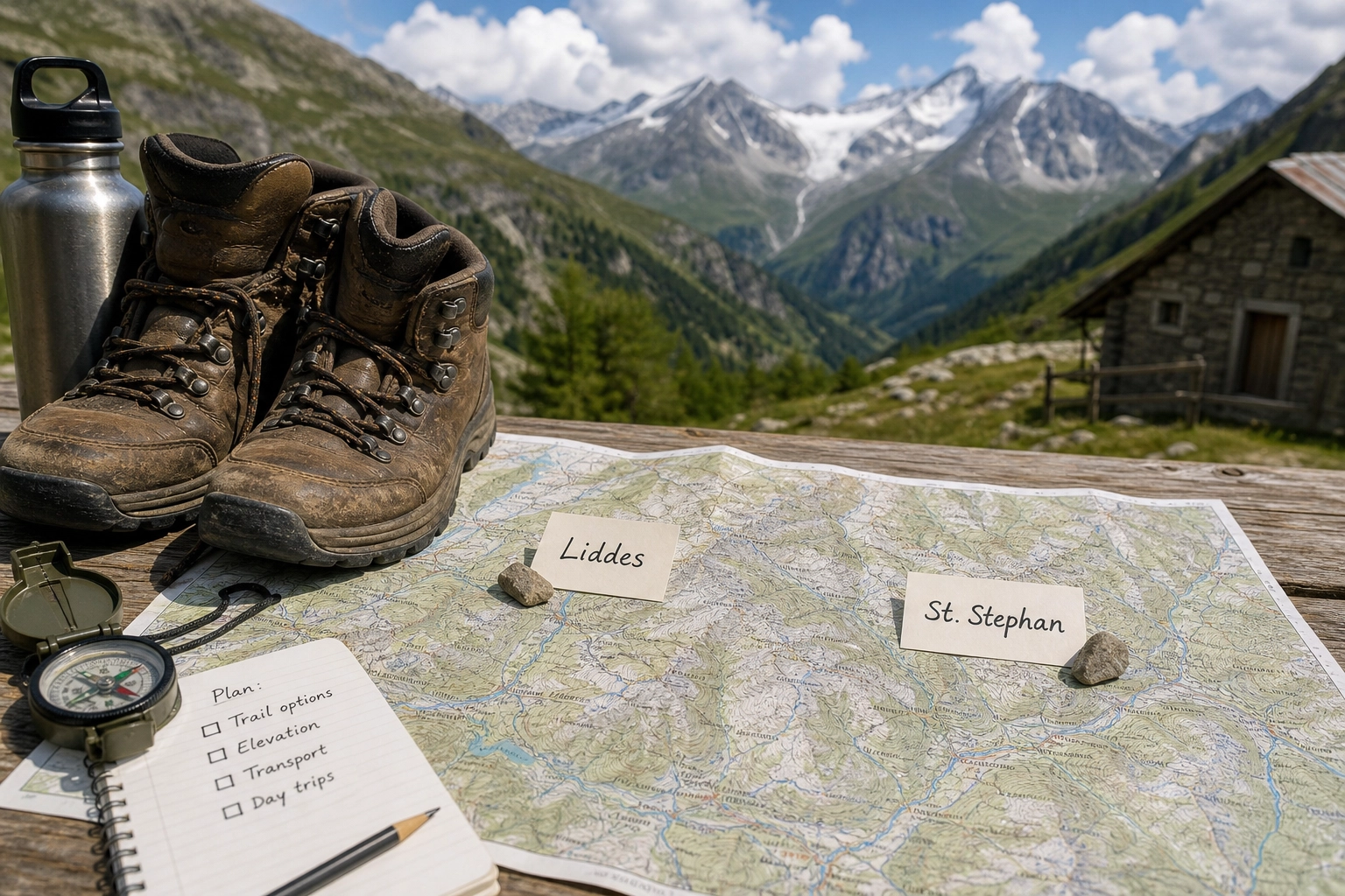 Wooden trail signpost in the Swiss Alps pointing toward Liddes and St. Stephan with dramatic alpine peaks in the background.