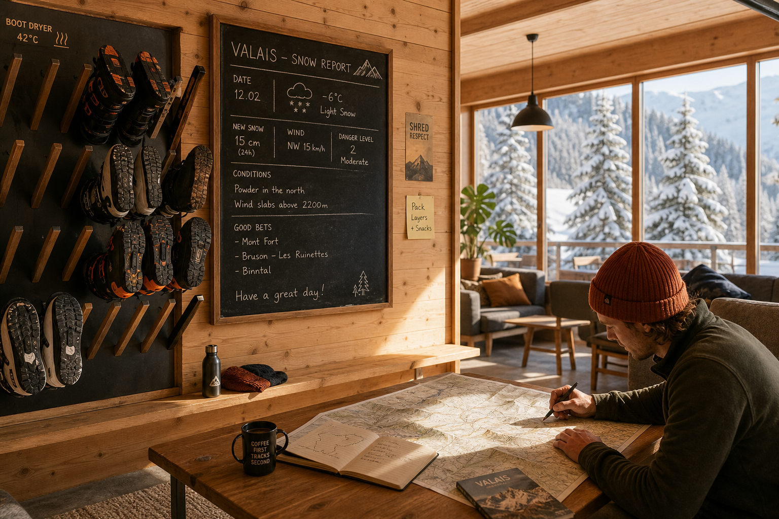 Cozy alpine ski hostel interior with gear drying racks, trail maps, and communal lounge areas