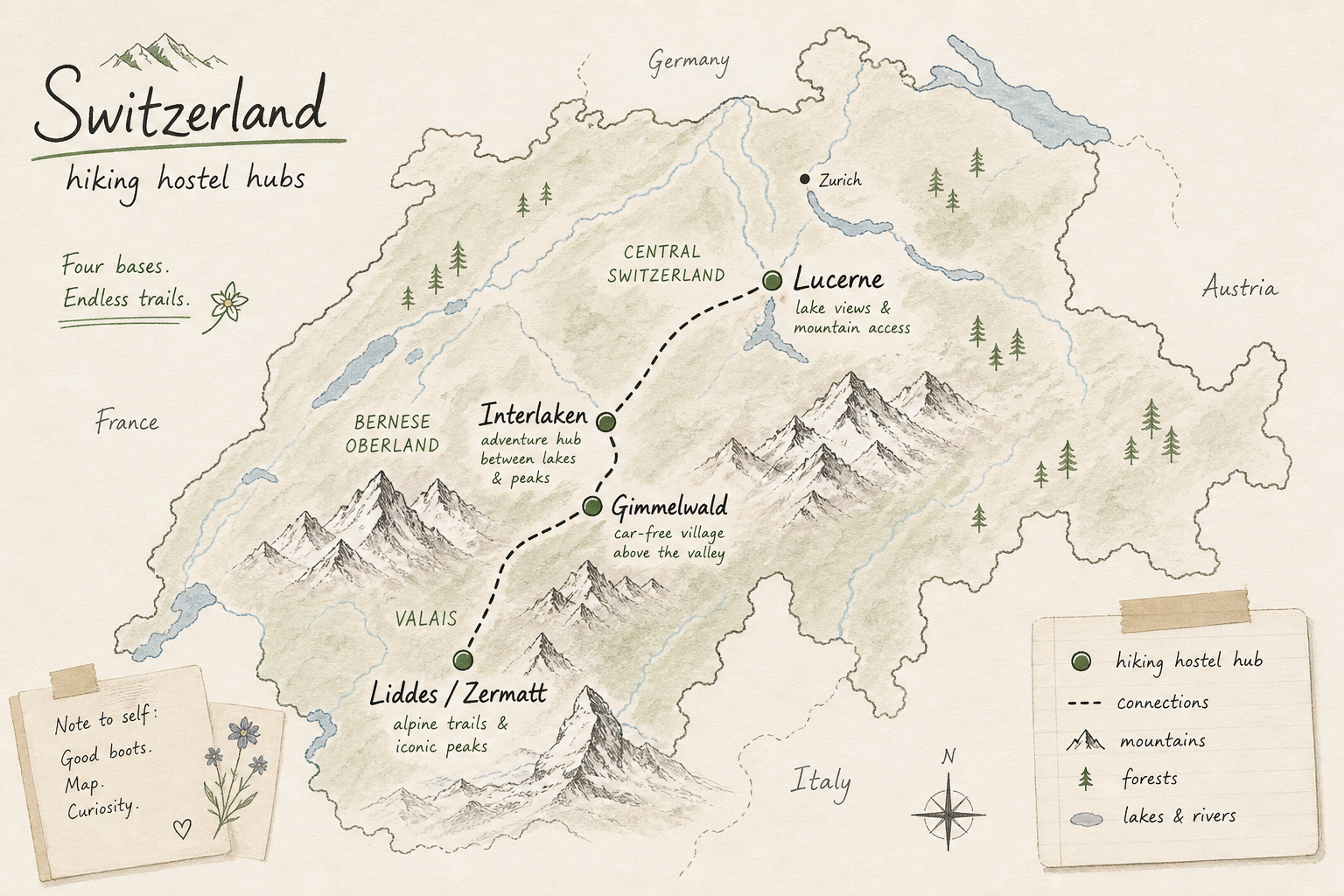 Map of Switzerland highlighting key hiking hostel hubs like Interlaken, Gimmelwald, and Valais