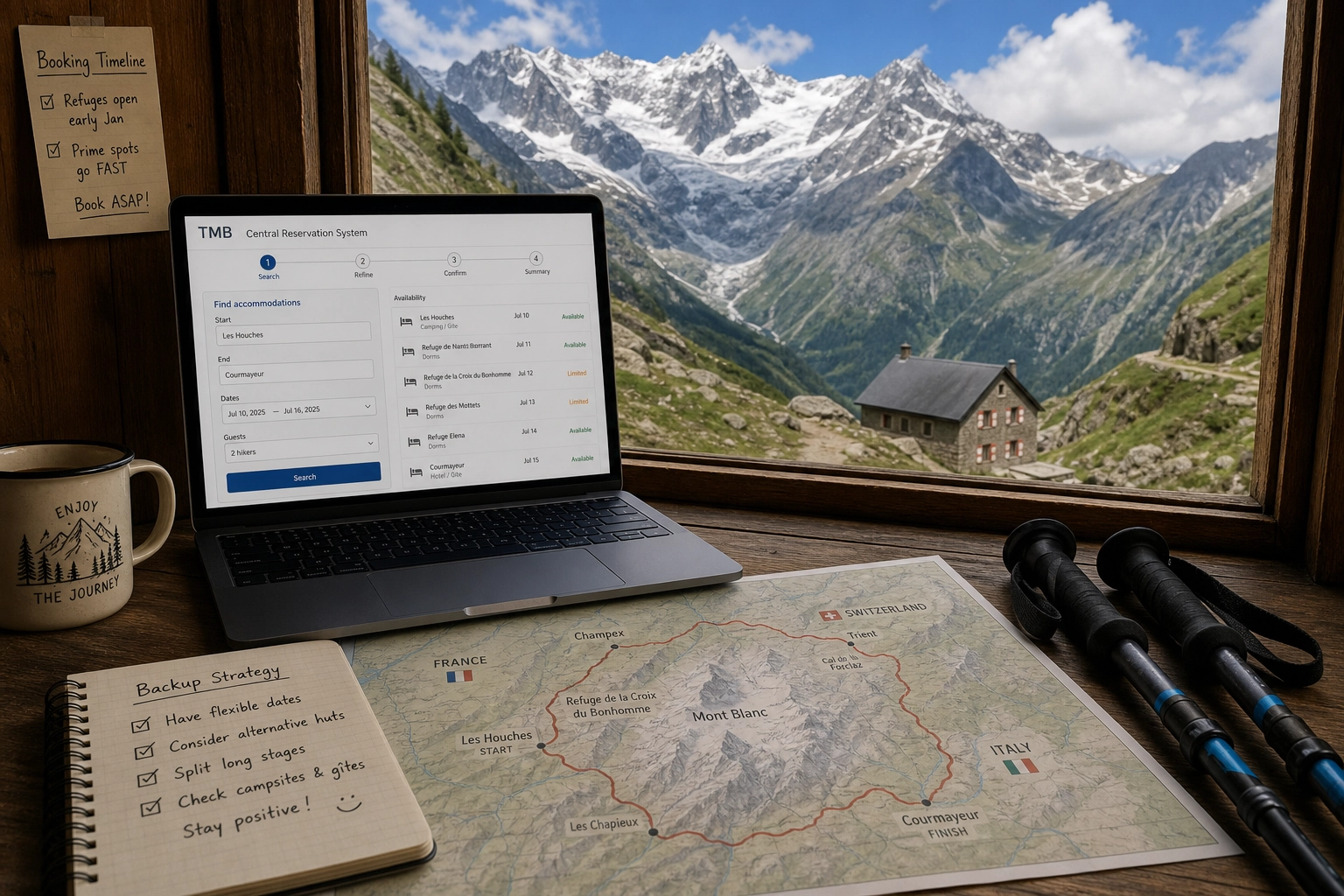 A hiker looking at a physical map outside a high mountain hut on the Tour du Mont Blanc