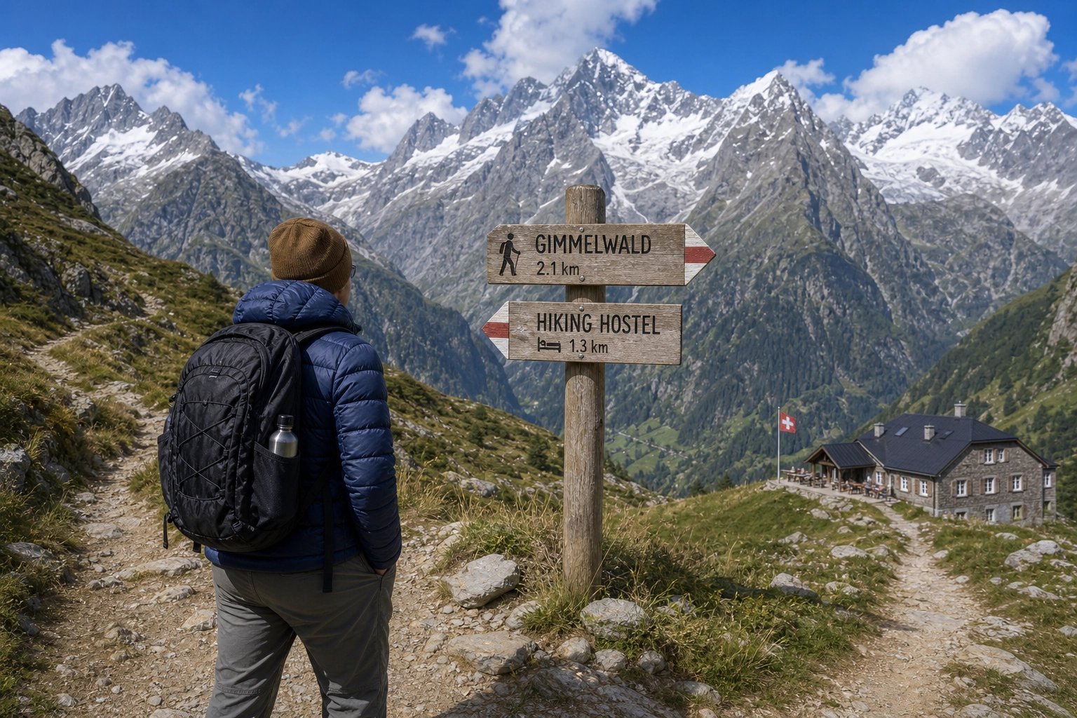 A solo backpacker looking at a trail map near a traditional Swiss mountain hostel in the Alps