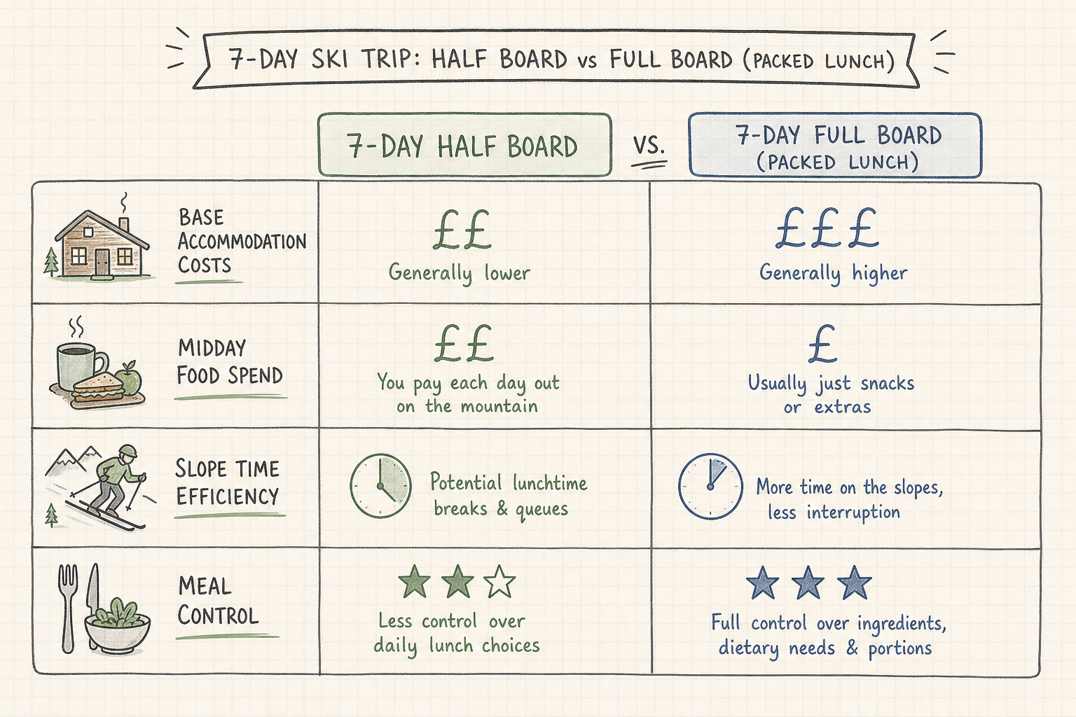 Clean minimalist comparison chart outlining weekly costs and time efficiency of half board versus full board.