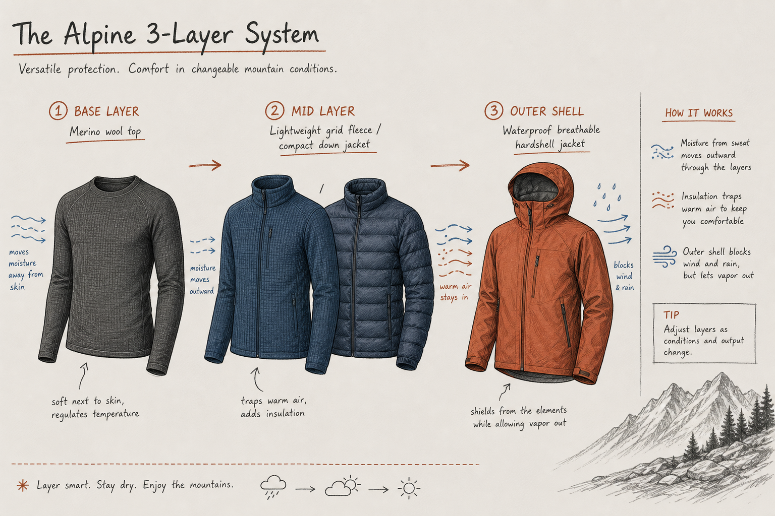 Editorial gear diagram illustrating the alpine three-layer clothing system for mountain weather conditions.