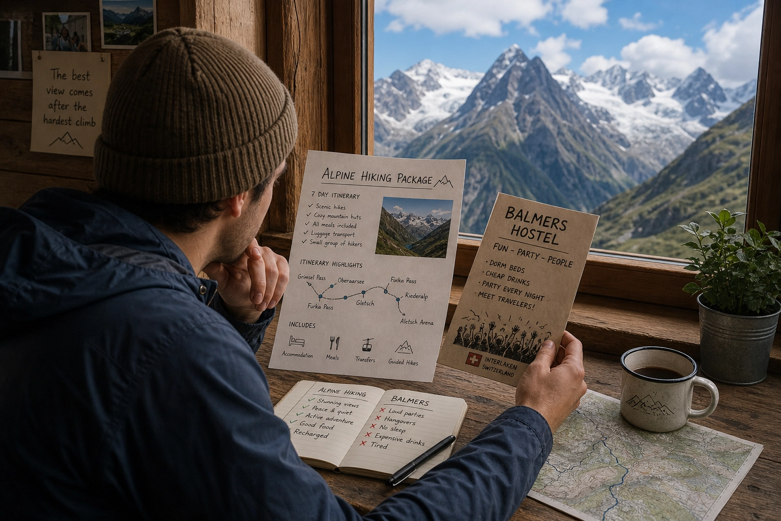 A split comparison showing a busy Interlaken party hostel on one side and a scenic, organized alpine hiking lodge on the other.