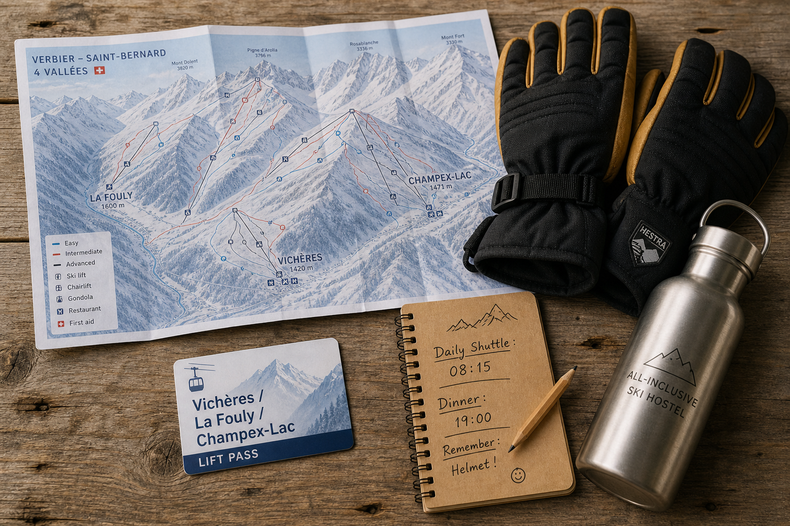 Flat-lay arrangement of ski pass, mountain trail map, gloves, and daily schedule on a rustic wooden table