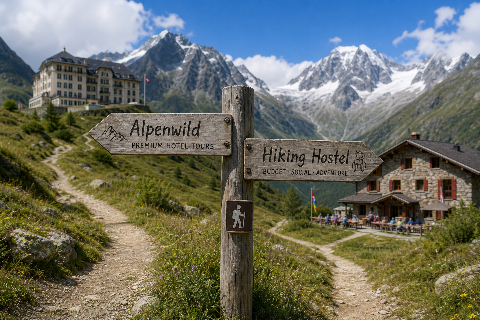 A solo hiker looking out over a deep Swiss valley with snow-capped peaks in the distance, comparing route options on a map.