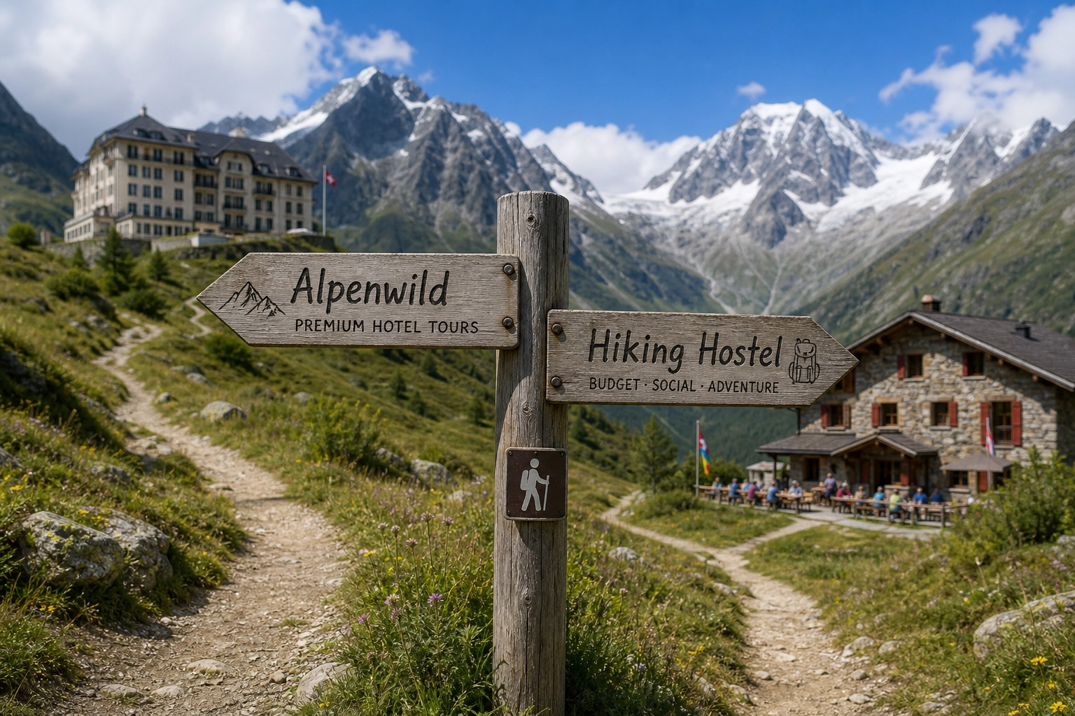 A solo hiker looking out over a deep Swiss valley with snow-capped peaks in the distance, comparing route options on a map.