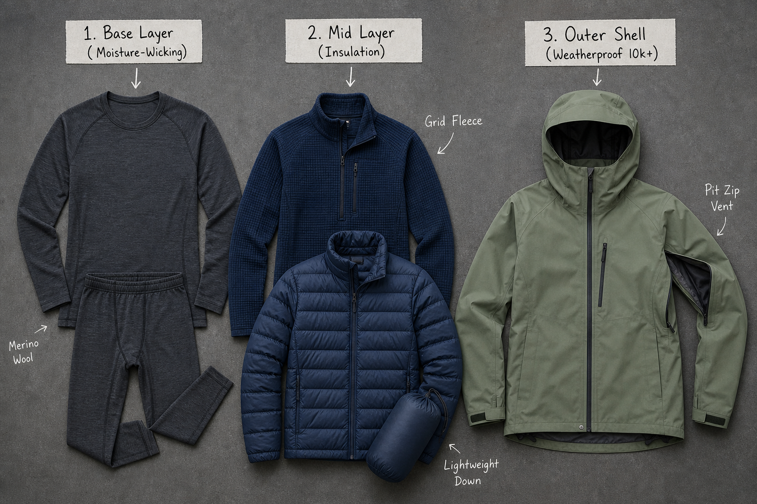 Flatlay diagram of a 3-layer ski clothing system showing base layer, insulating mid-layer, and technical outer shell.