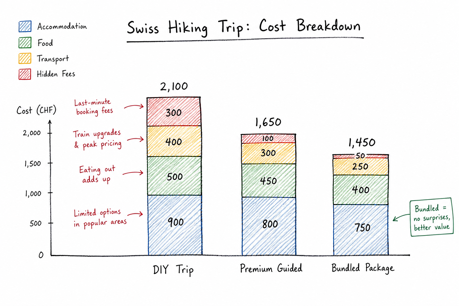 Cost comparison chart showing DIY, Premium Guided, and Bundled Package hiking expenses