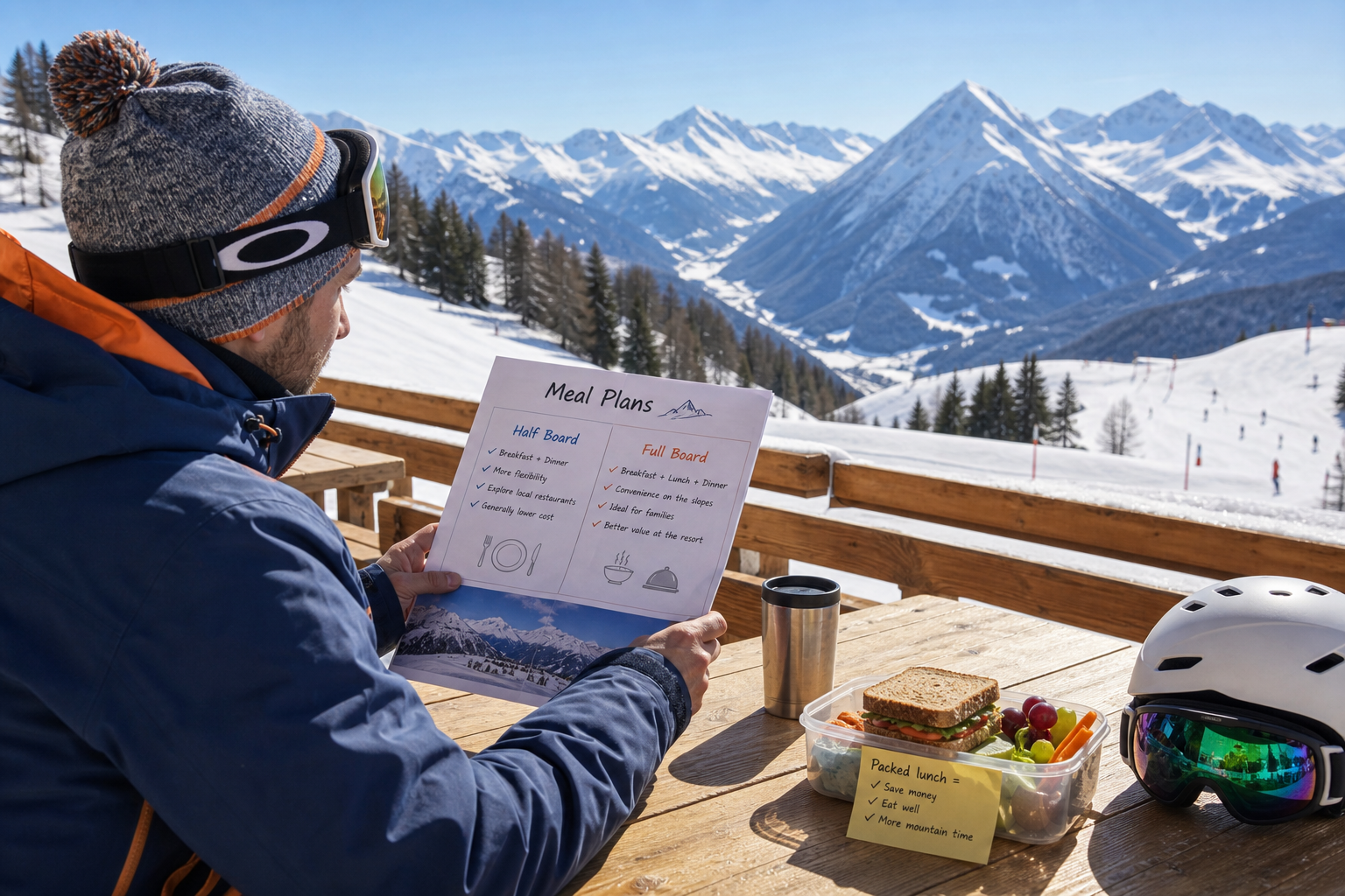 Ski gear and packed lunch on a wooden alpine bench overlooking snowy mountain slopes.