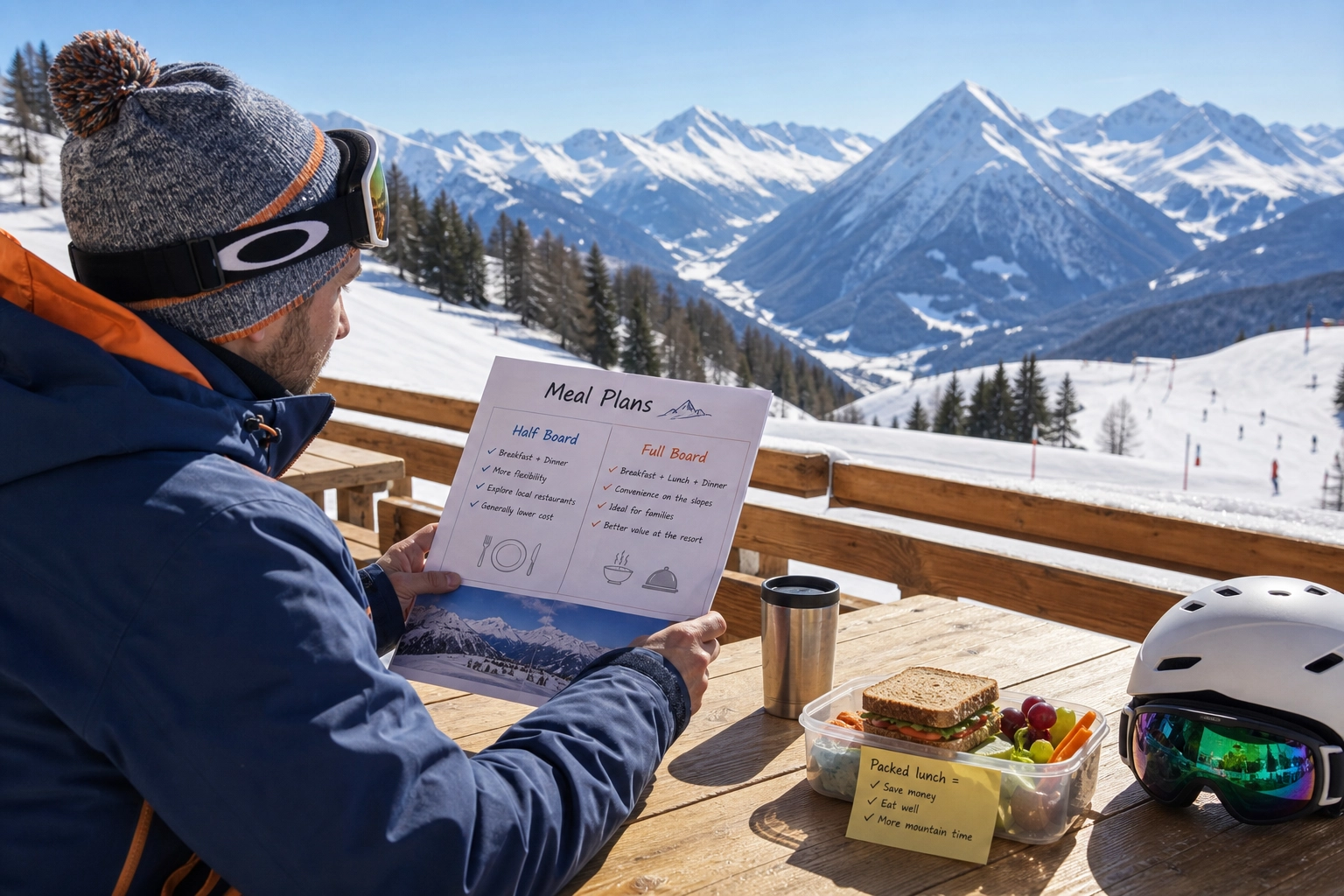 Équipement de ski et panier-repas posés sur un banc alpin en bois surplombant des pentes montagneuses enneigées.