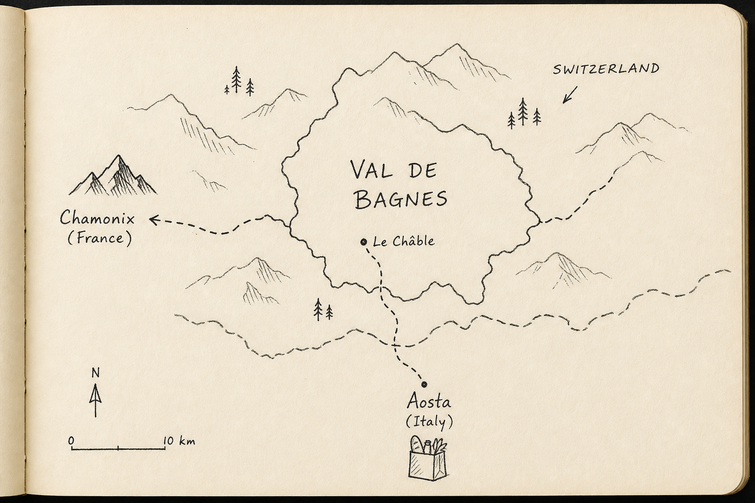Hand-drawn journal map showing border crossings from Switzerland to Aosta and Chamonix.