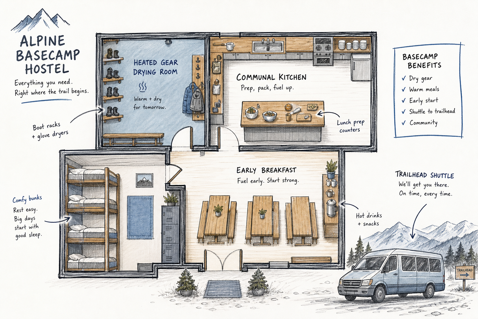 Illustrated architectural diagram showing essential amenities in a budget mountain hiking hostel.