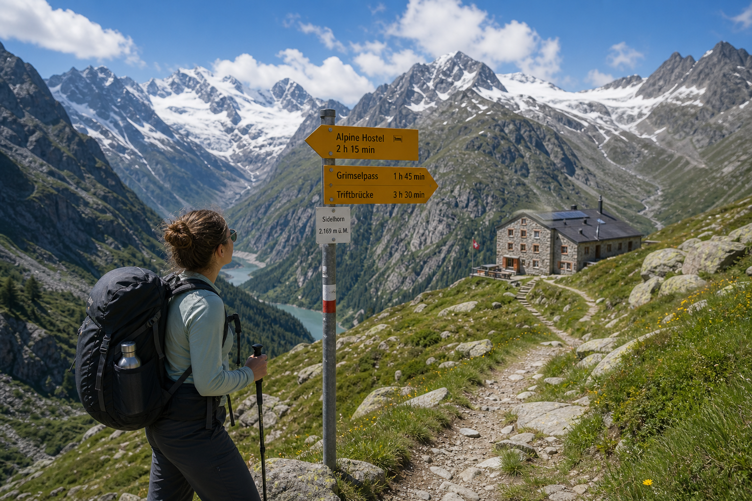 Solo backpacker reviewing a trail map on the wooden deck of a rustic Swiss alpine hiking hostel with mountains in the background