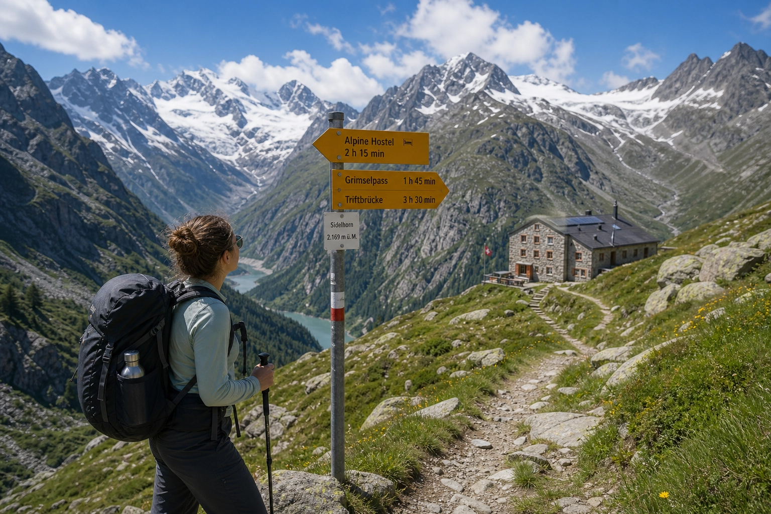 Solo backpacker reviewing a trail map on the wooden deck of a rustic Swiss alpine hiking hostel with mountains in the background