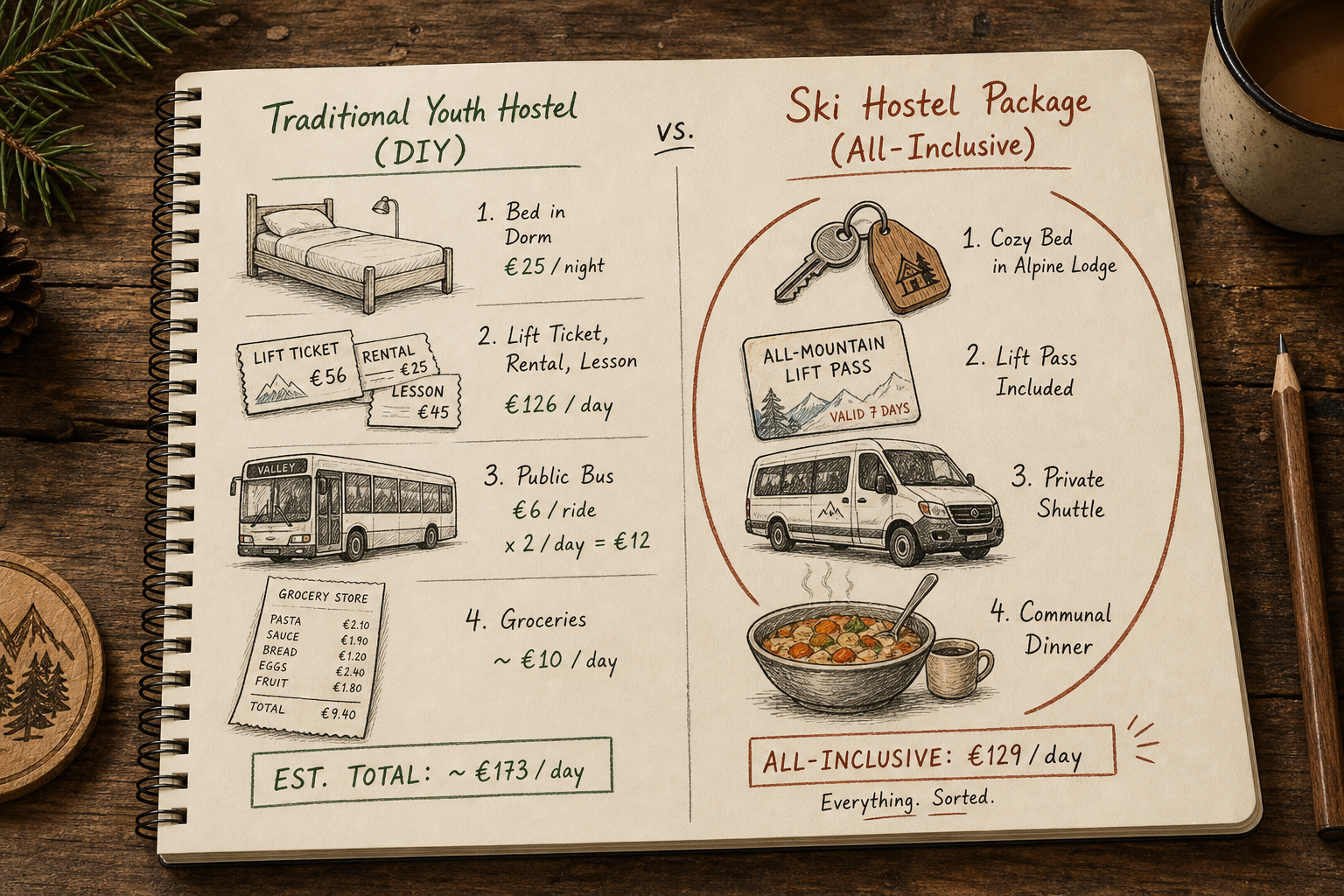 Editorial comparison sketch of DIY youth hostel costs versus an all-inclusive ski hostel package in Valais.