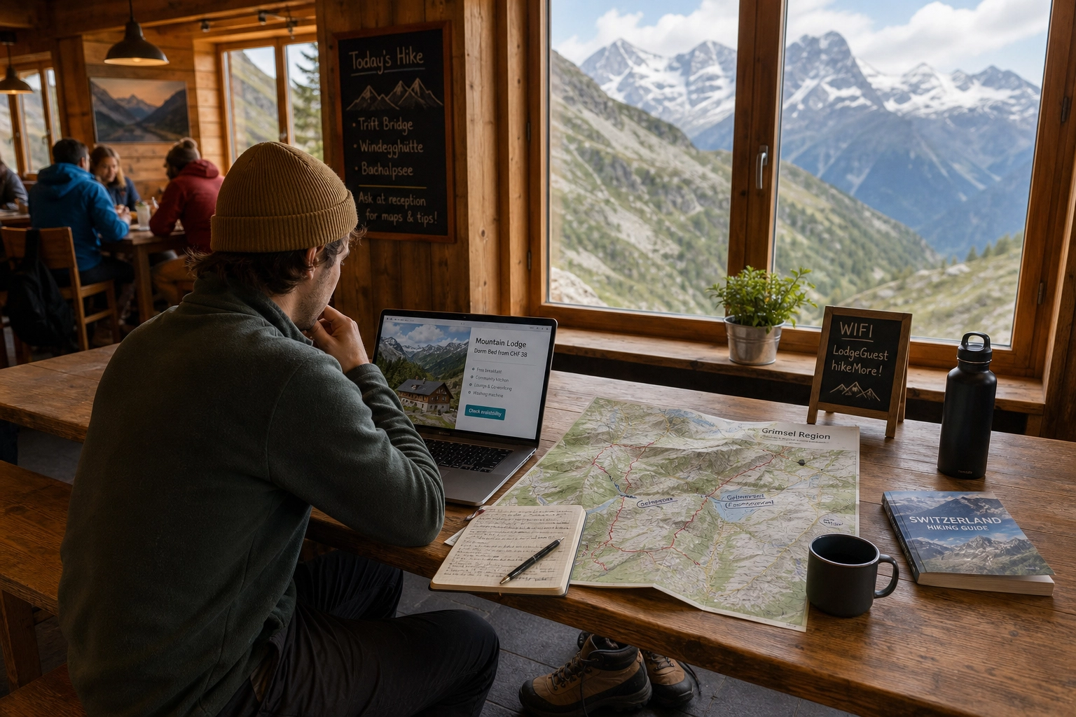 Hikers relaxing outside a cozy mountain lodge in the Swiss Alps looking at a trail map