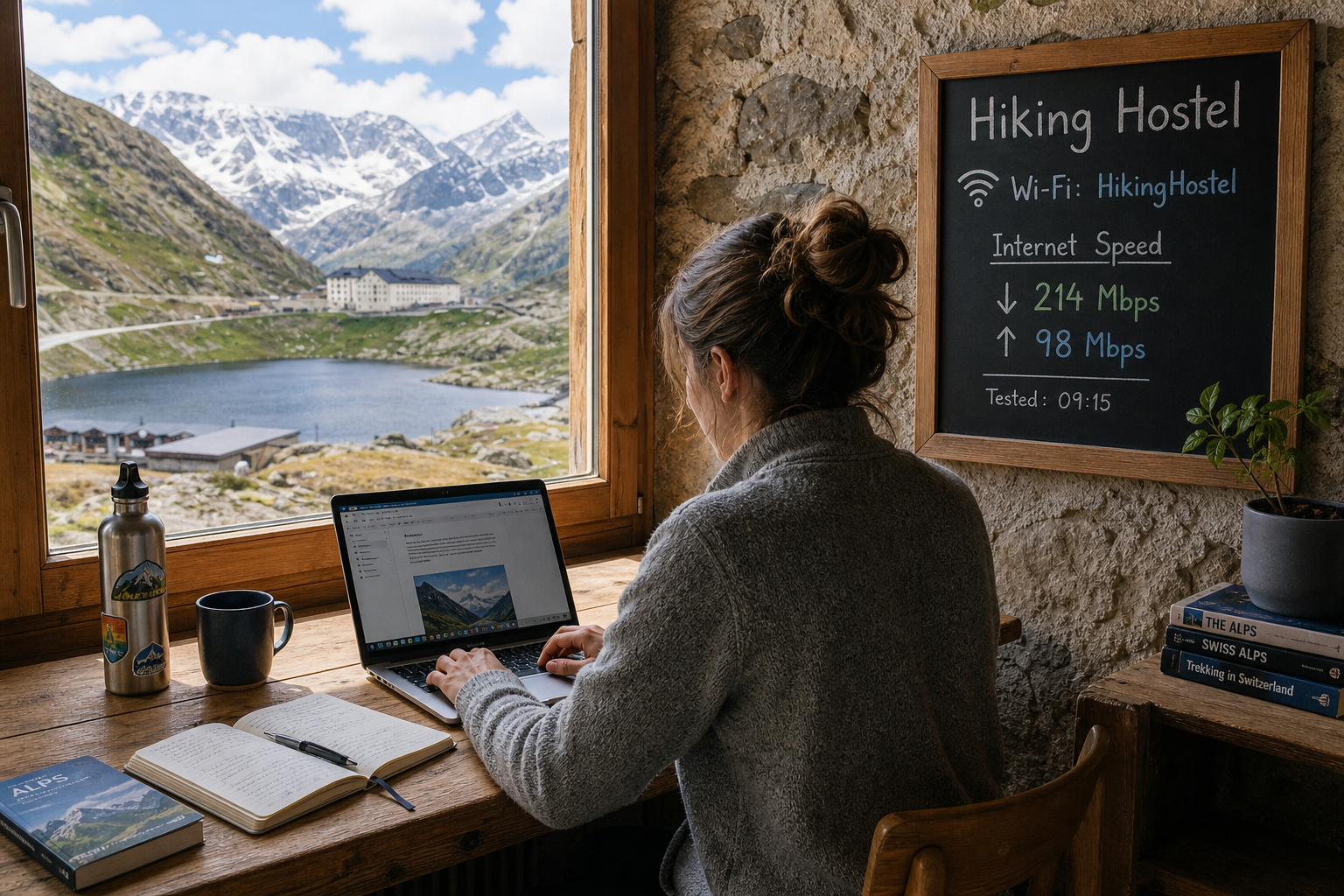 Digital nomad working on a laptop at a rustic wooden table in a Swiss Alps hiking hostel.