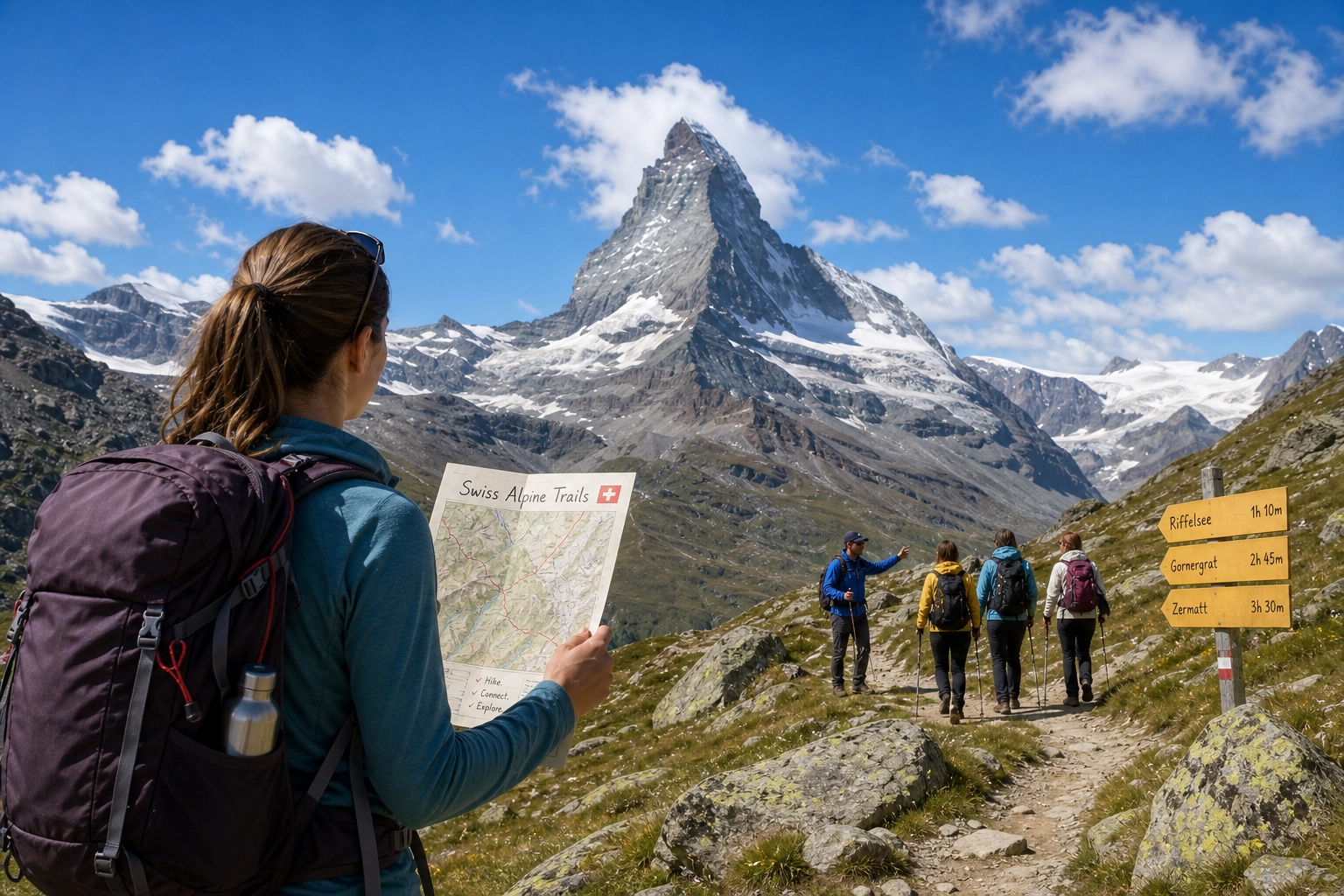 A solo traveler with a backpack looking out over the Swiss Alps at sunrise, representing guided hiking holidays.