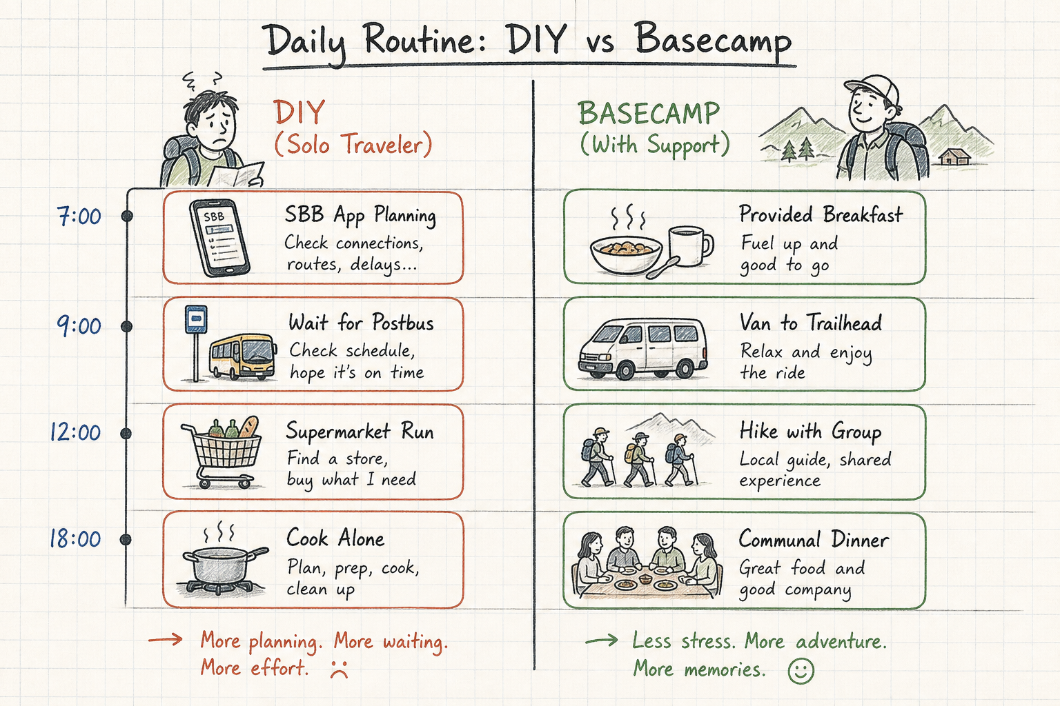 Daily routine comparison chart between independent hosteling and an organized hiking basecamp