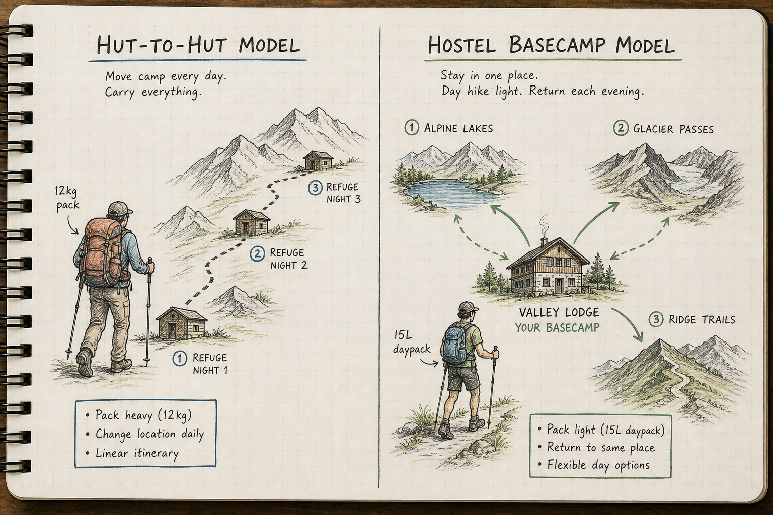 Visual comparison diagram contrasting heavy multi-day trekking with flexible valley hostel basecamp hiking.