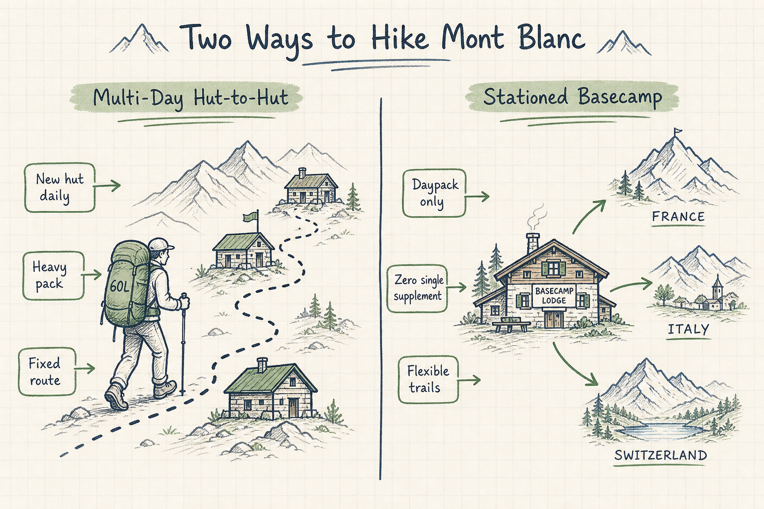 Hand-drawn comparison diagram contrasting multi-day hut-to-hut trekking with a stationed basecamp lodge model.